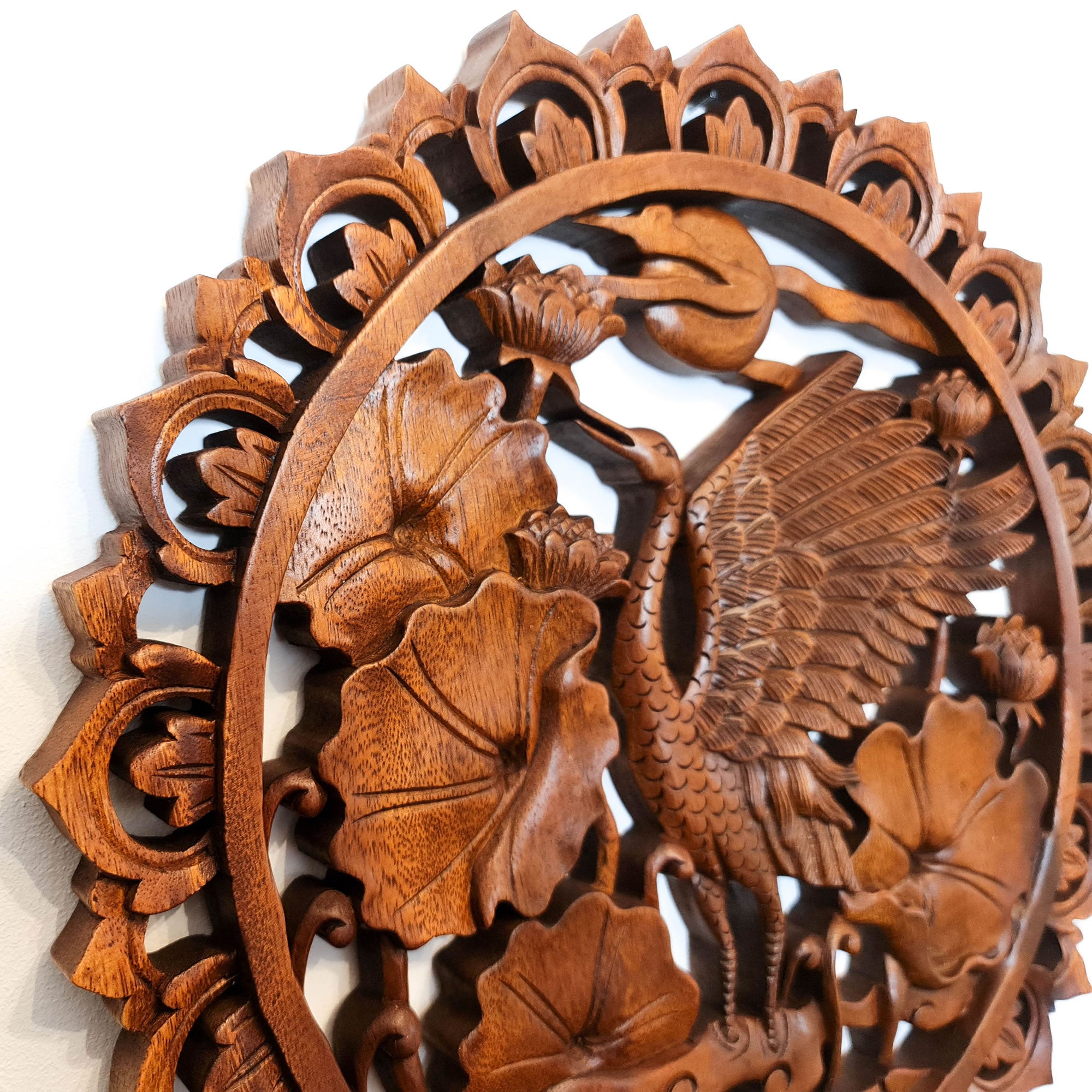 Dancing Crane Bird Carved Wooden Hand Carved Decorative Panel Sculpture Nature - Easternada