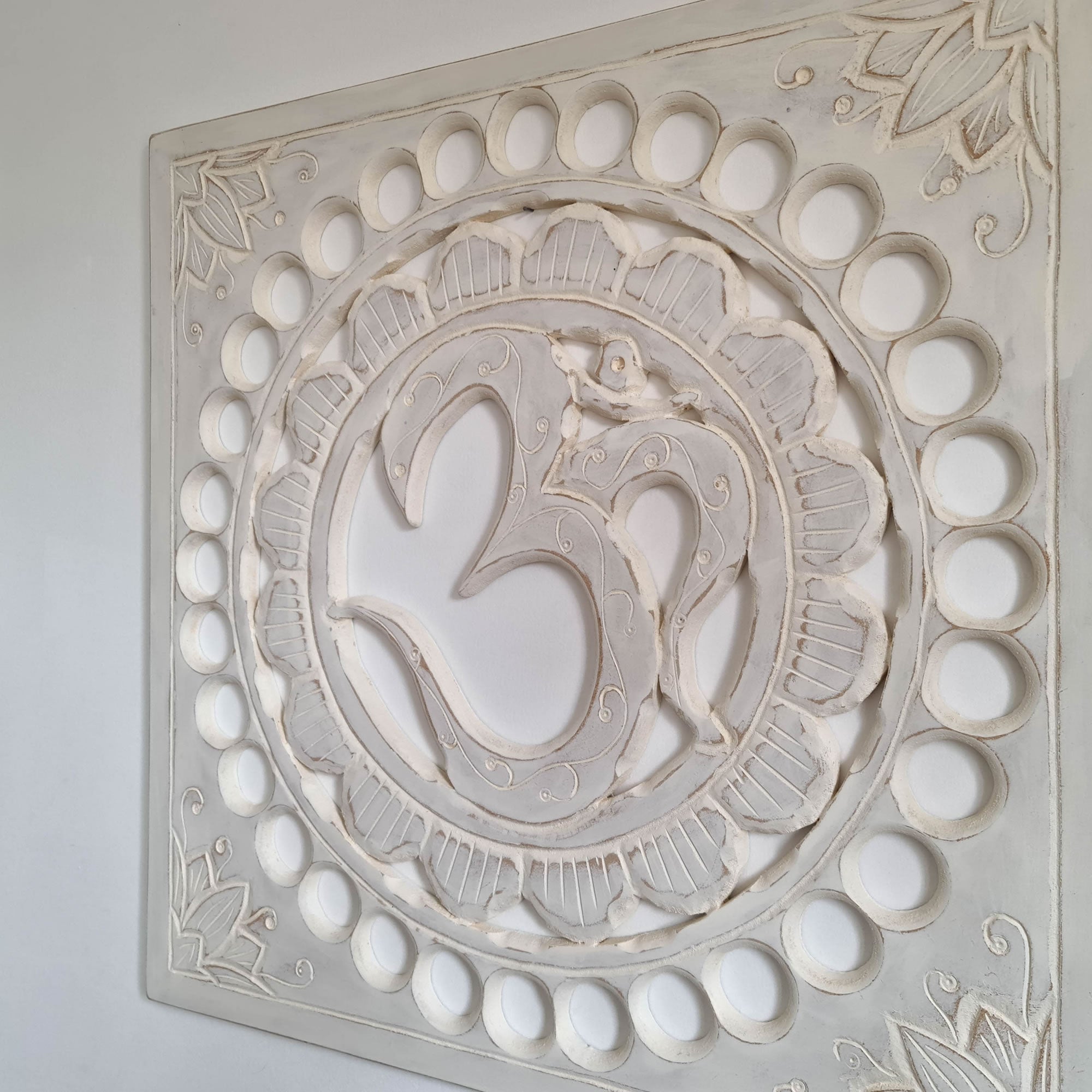 Handmade Carved Wooden Decorative Wall Art OM Mantra Distressed White