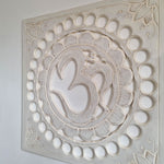 Handmade Carved Wooden Decorative Wall Art OM Mantra Distressed White