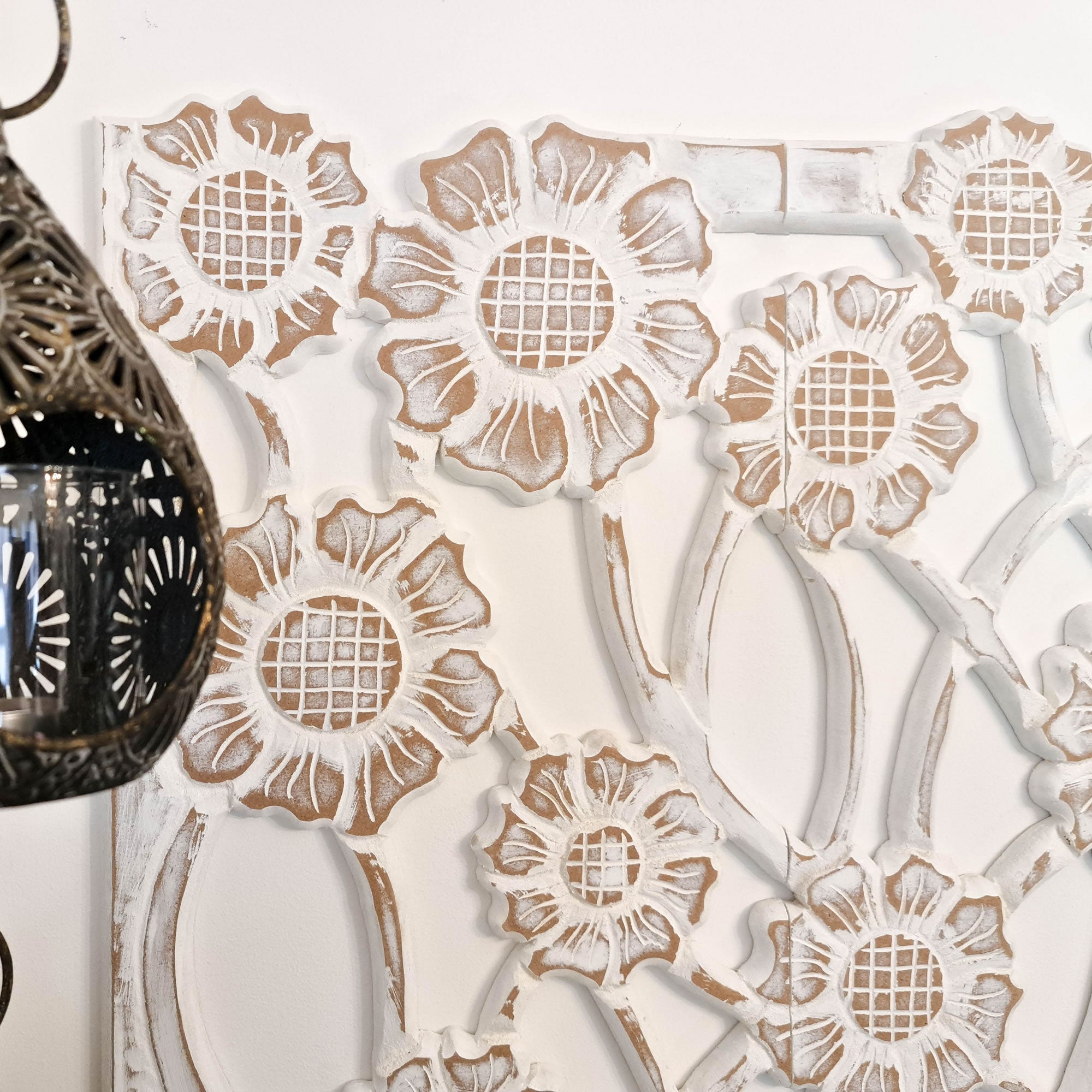 Hand Carved Wooden Wall Art - Large Headboard Decorative Flowers Panel Distressed White Shabby Chic