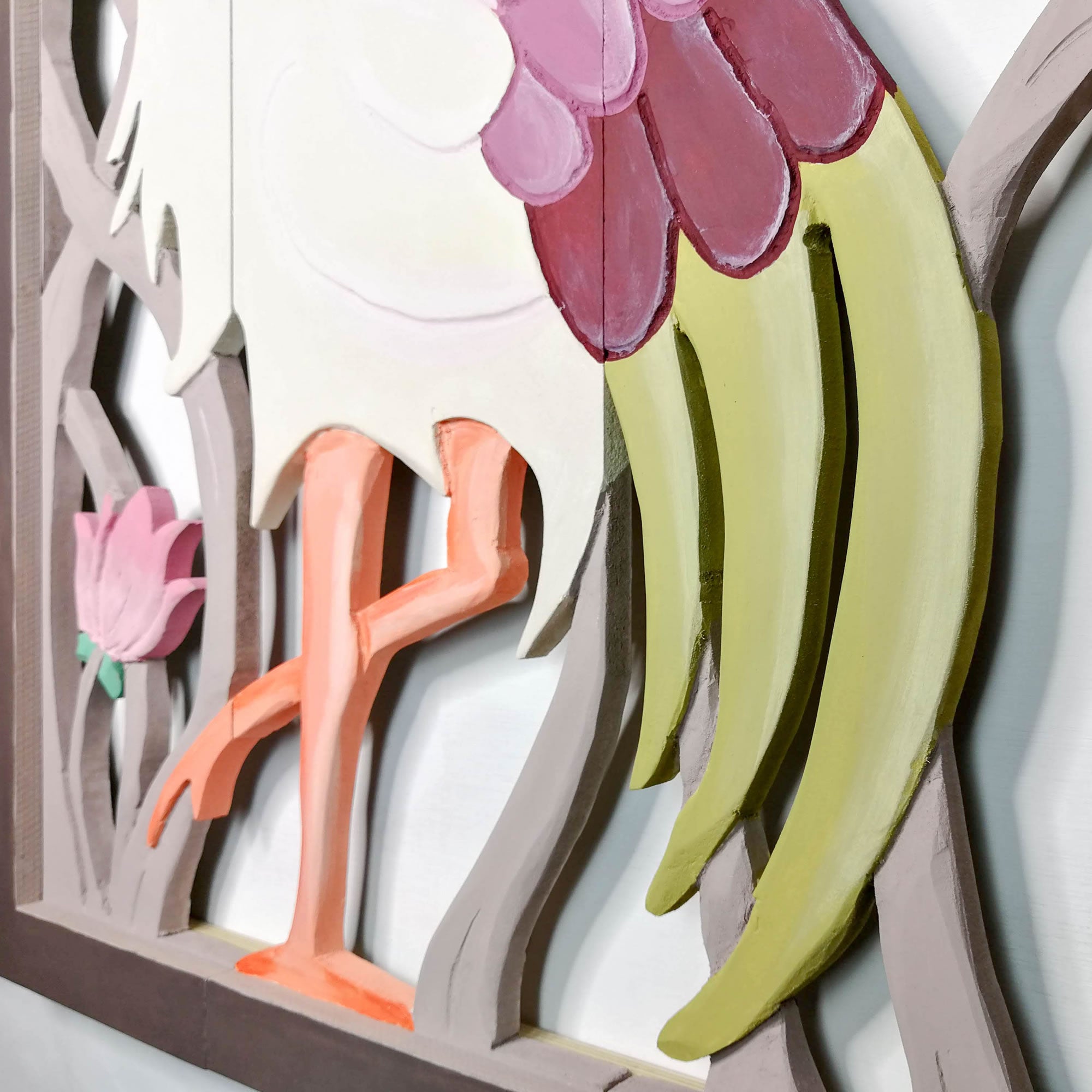 Carved Painted Wooden Wall Art - Large Headboard Decorative Bird Panel