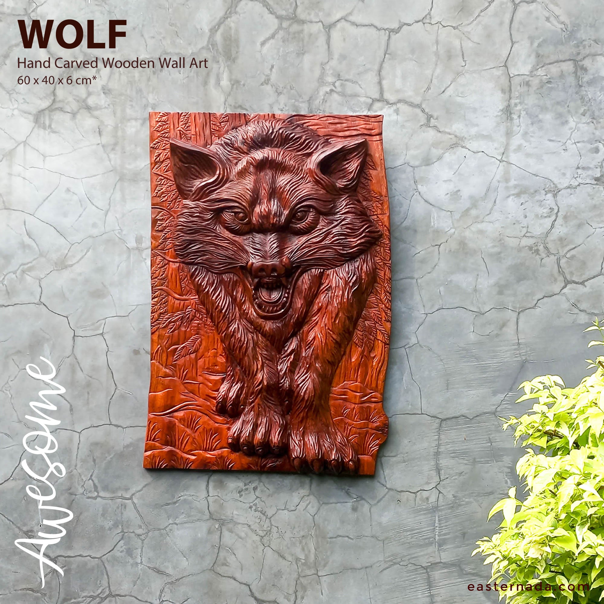 Hand Carved Wolf Decorative Teakwood Sculpture Wall Art