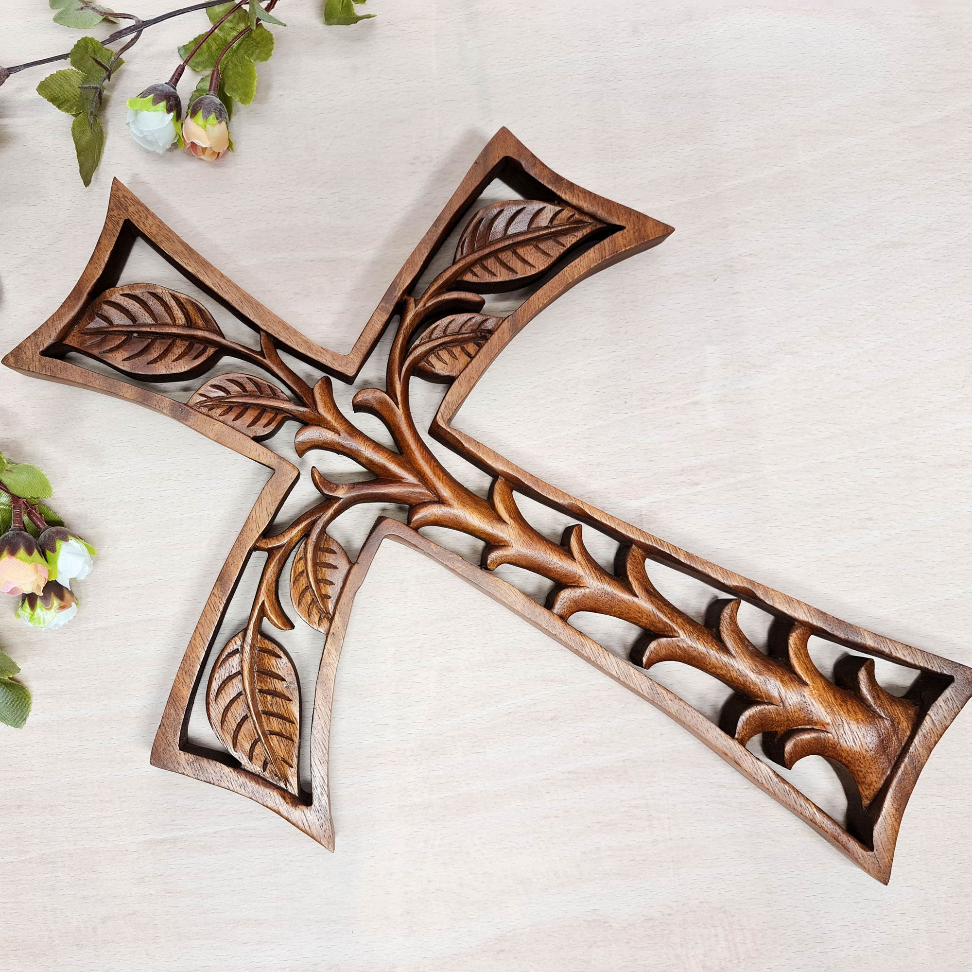 Christian Prayer Cross Tree of Life Carved Wooden Decorative Panel Sculpture Art