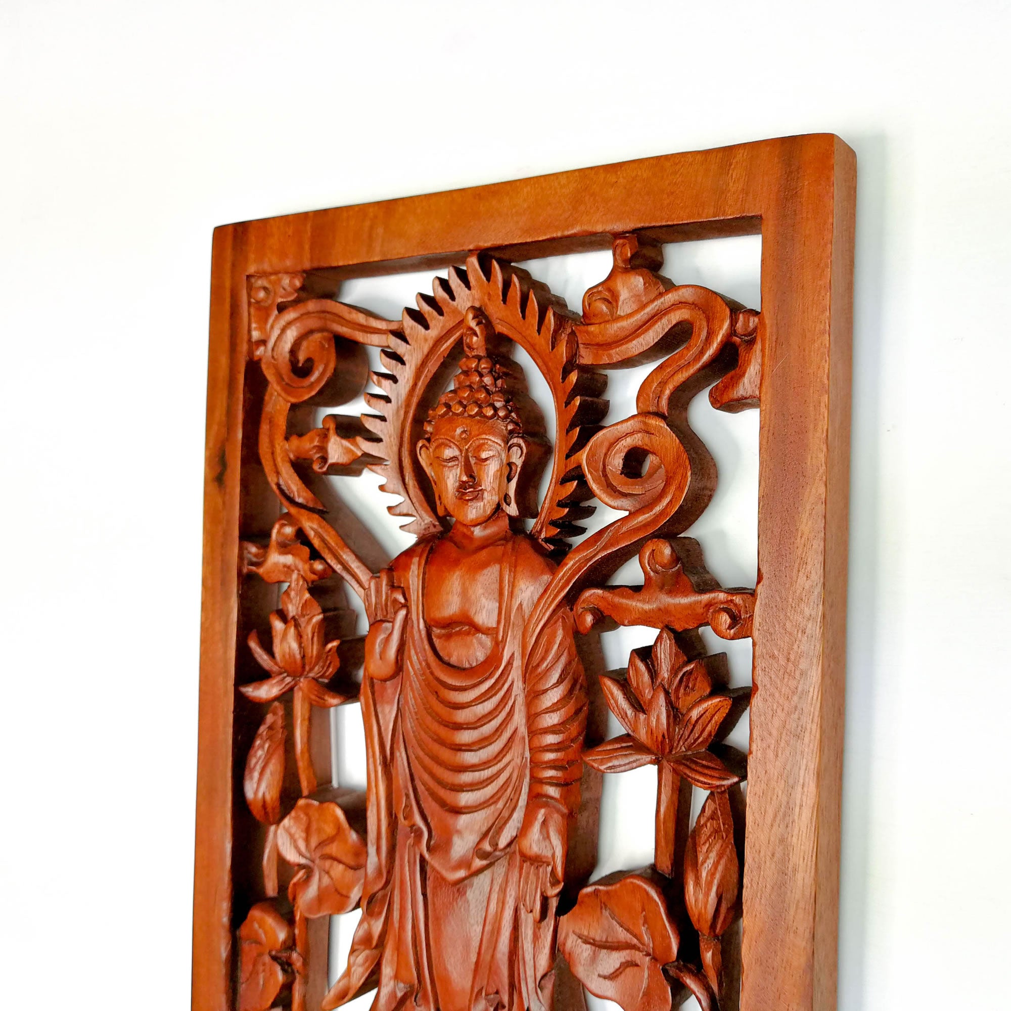 Hand Carved Wooden Wall Art Decorative Standing Buddha Peace Yoga Meditation