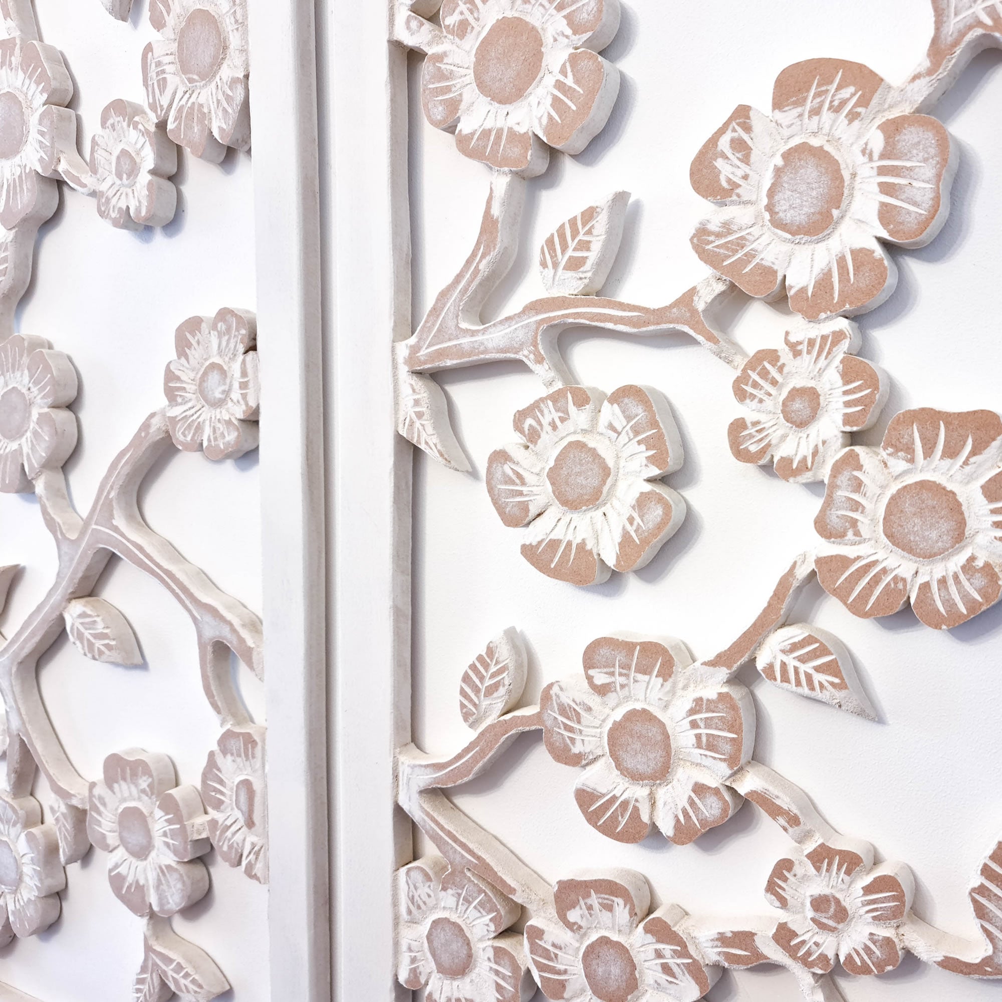 Hand Carved Wooden Wall Art - Large Headboard Decoration Cherry Blossom Shabby Chic Distressed White - Easternada
