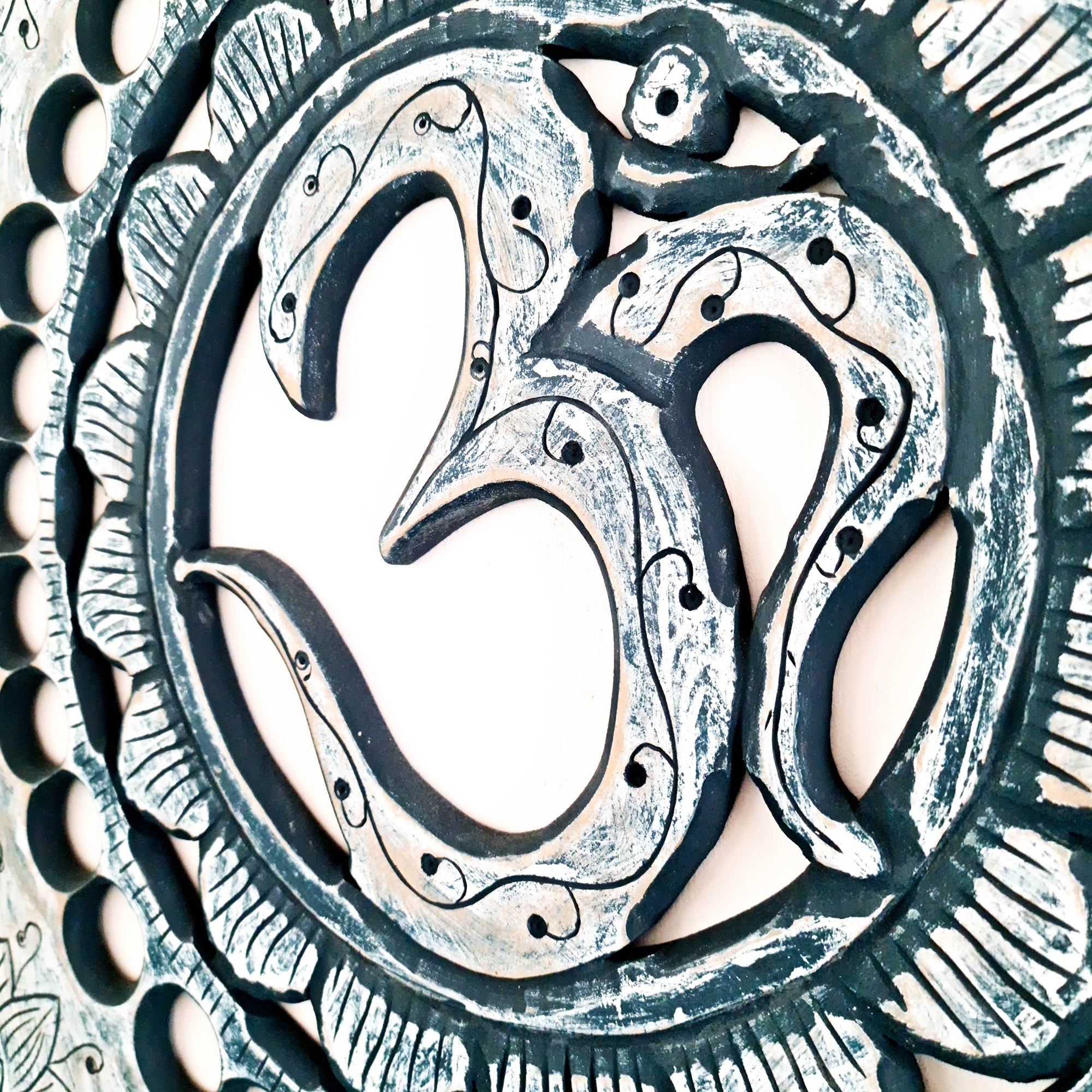 Handmade Carved Wooden Decorative Wall Art Hanging Buddha OM Mantra Distressed Rustic Indigo Blue