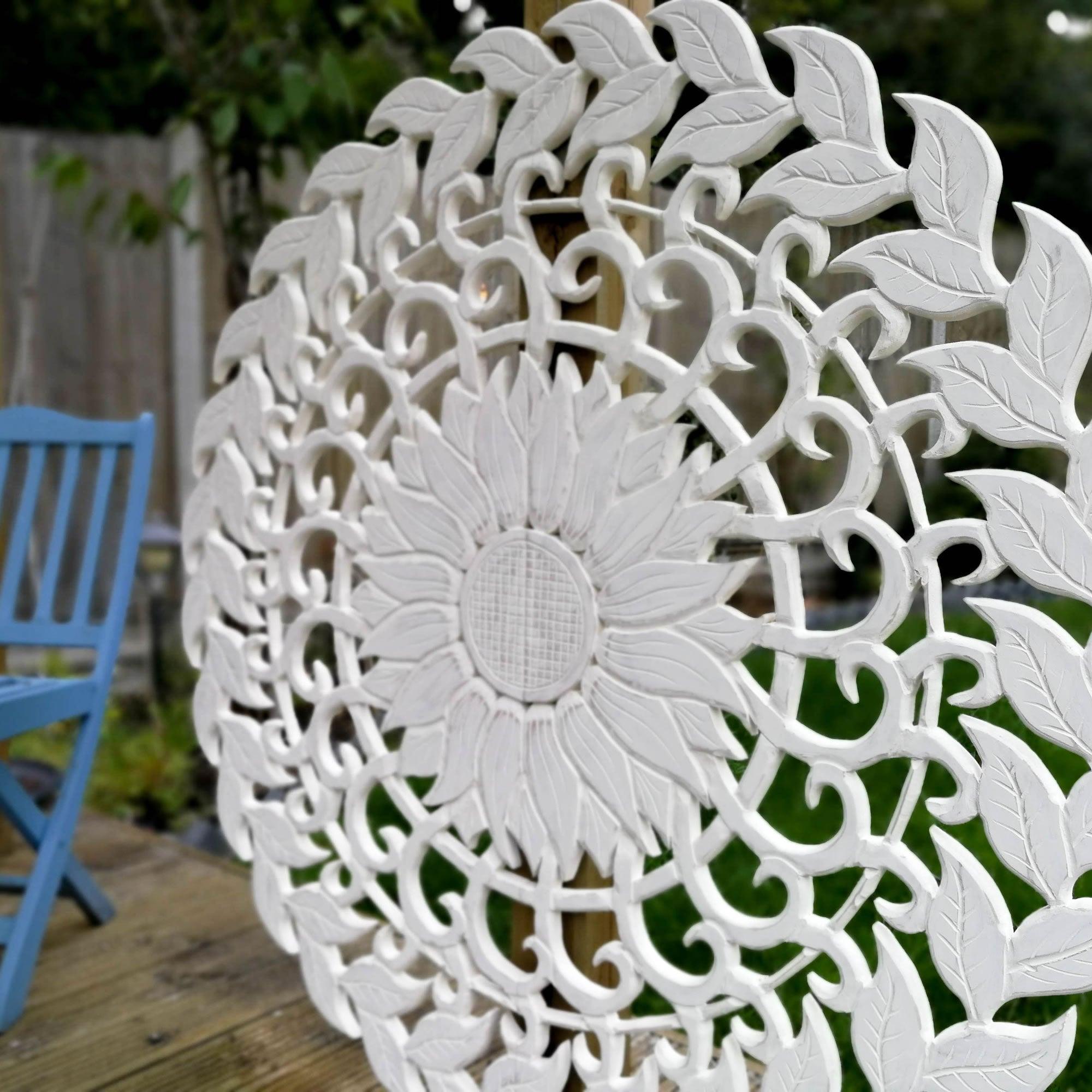 Carved Wooden Wall Art - Large Decorative Mandala Nature Eco Panel Headboard Sculpture 48" inches Round Distressed Shabby Chic White