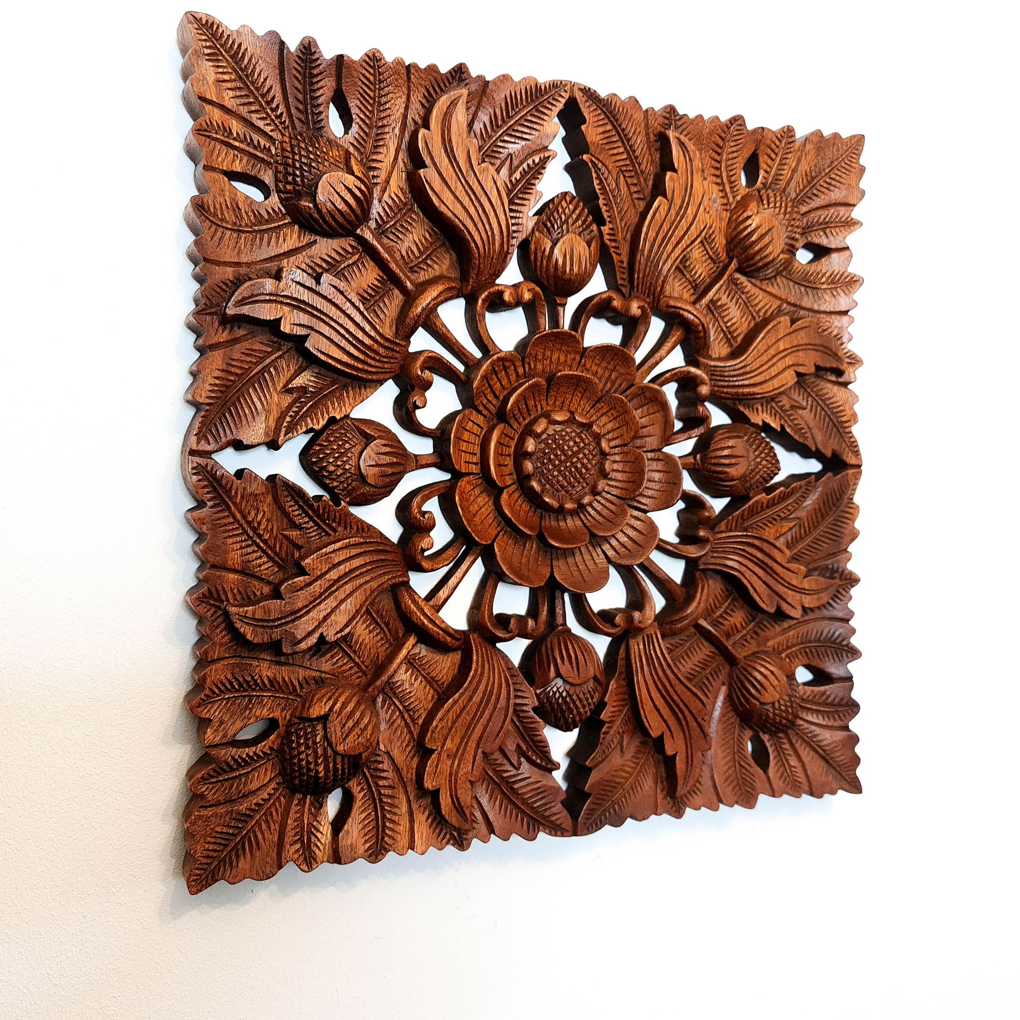 Wild Lotus Flower Carved Wooden Hand Carved Decorative Panel Sculpture Nature Garden plants -Easternada