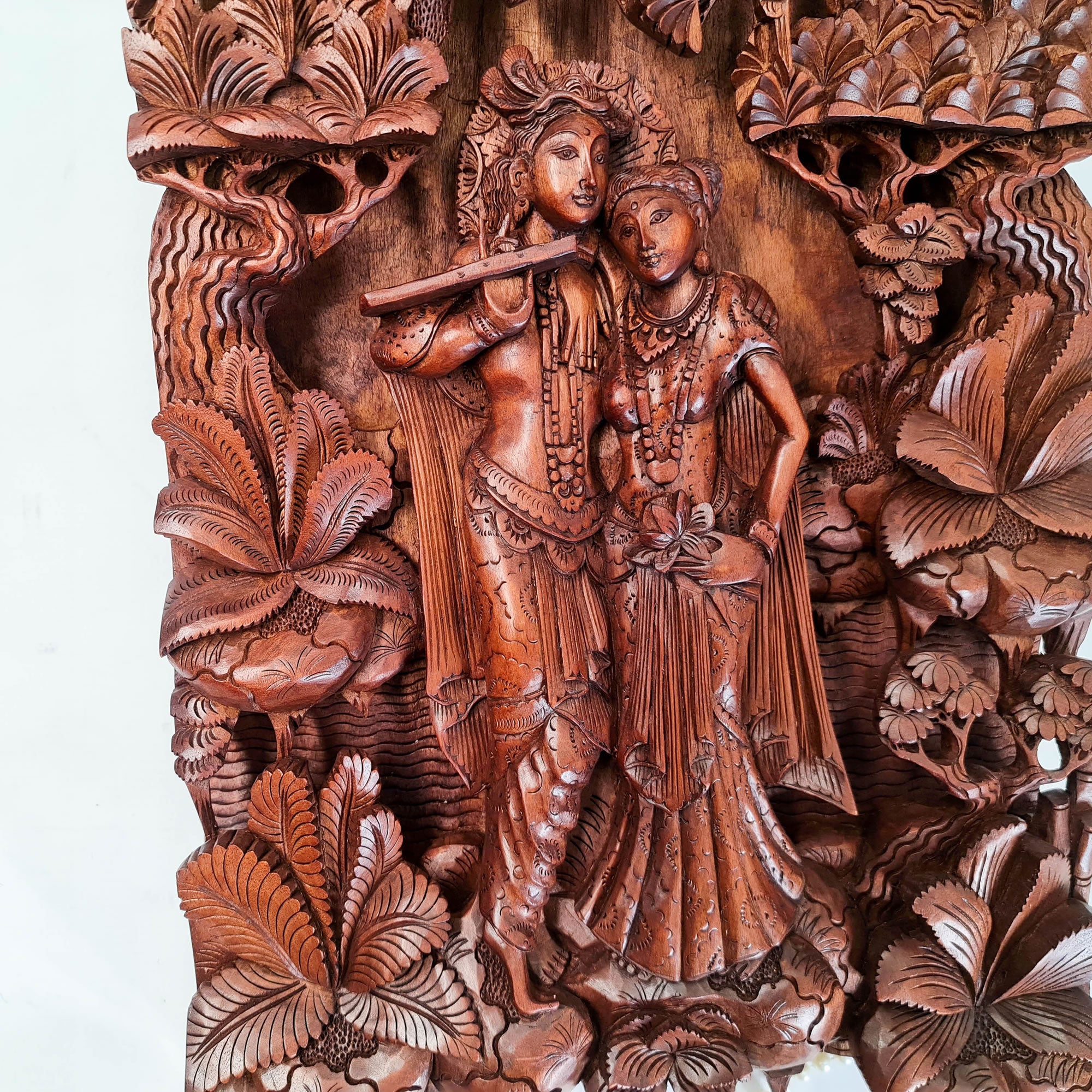 Hand Carved Wooden Hindu God - Radha Krishna Mandir Sculpture Hare Krishna
