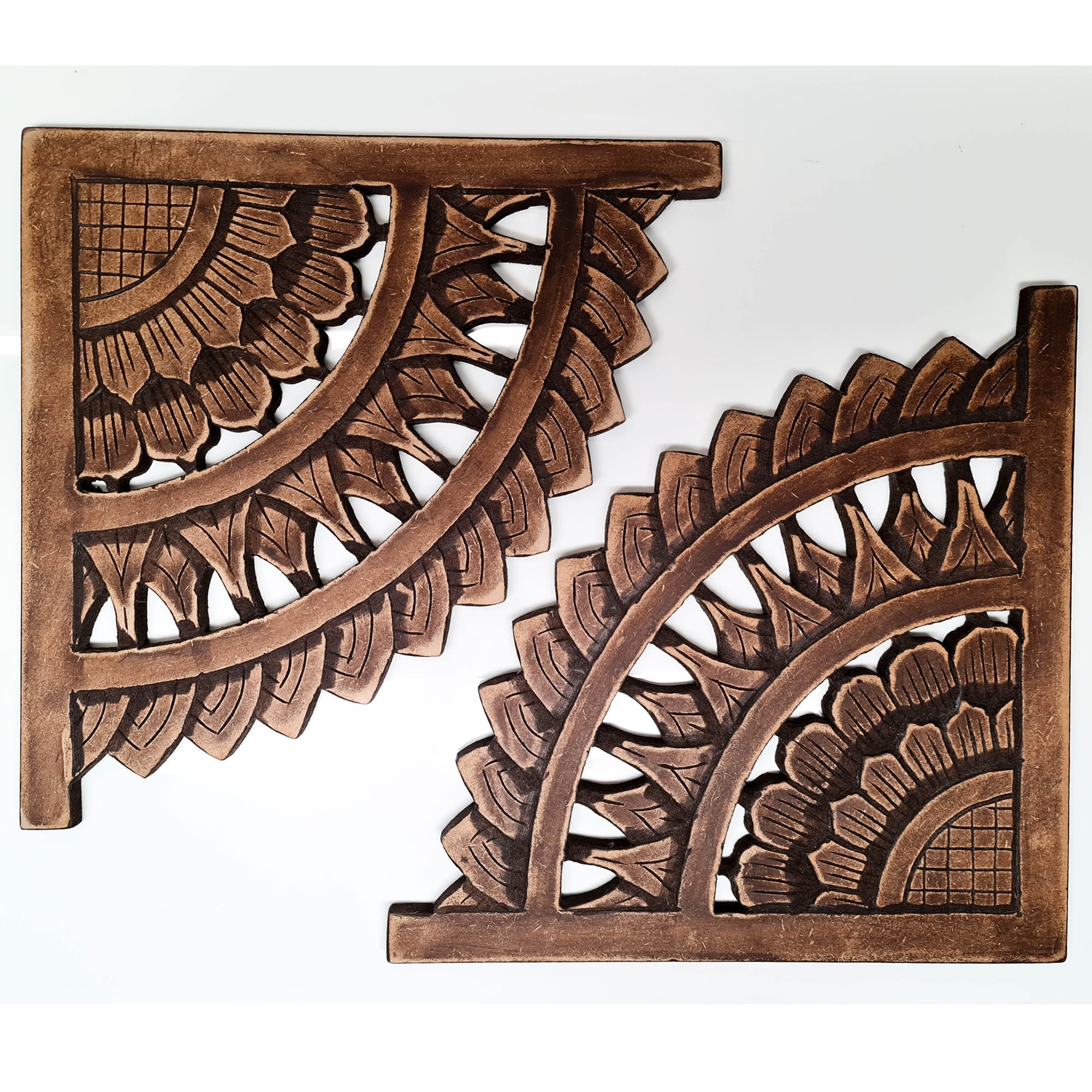 Carved Wooden Wall Art - Rustic Corners Curved Mandala Distressed Antique Brown