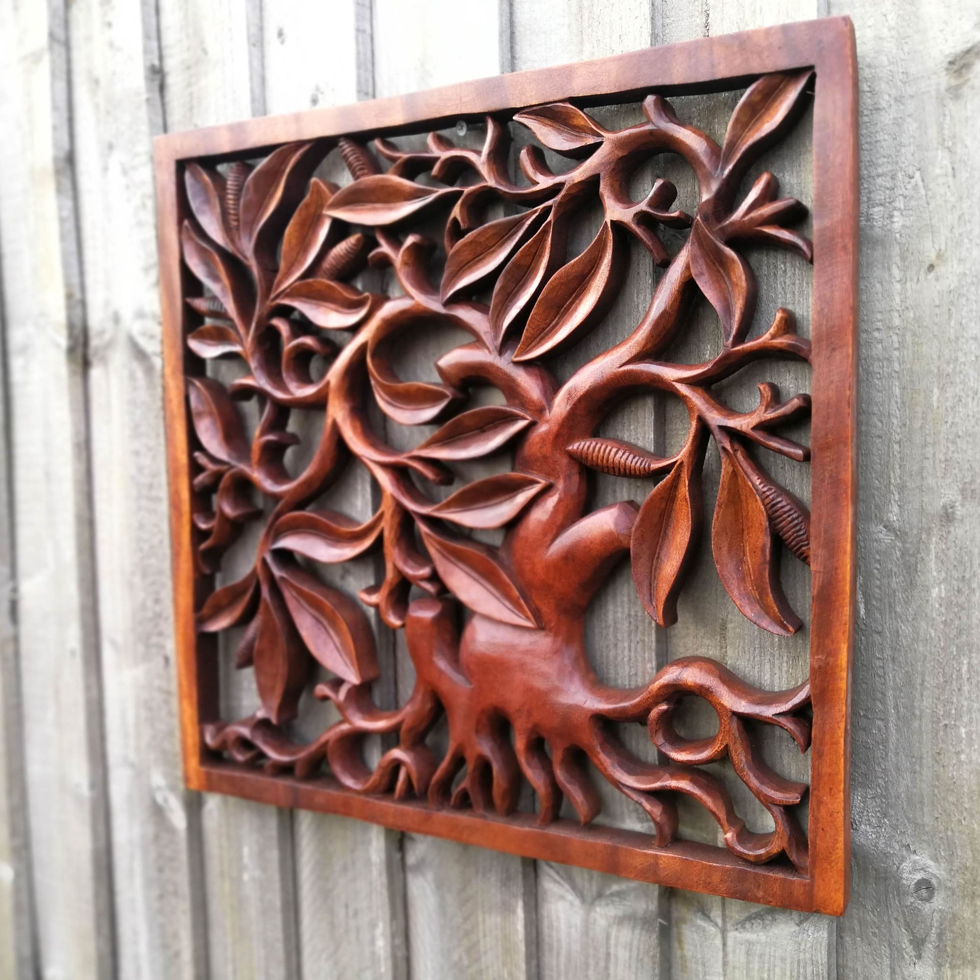 Hand Carved Wooden Decorative Panel Art Sculpture Tree of Fortune