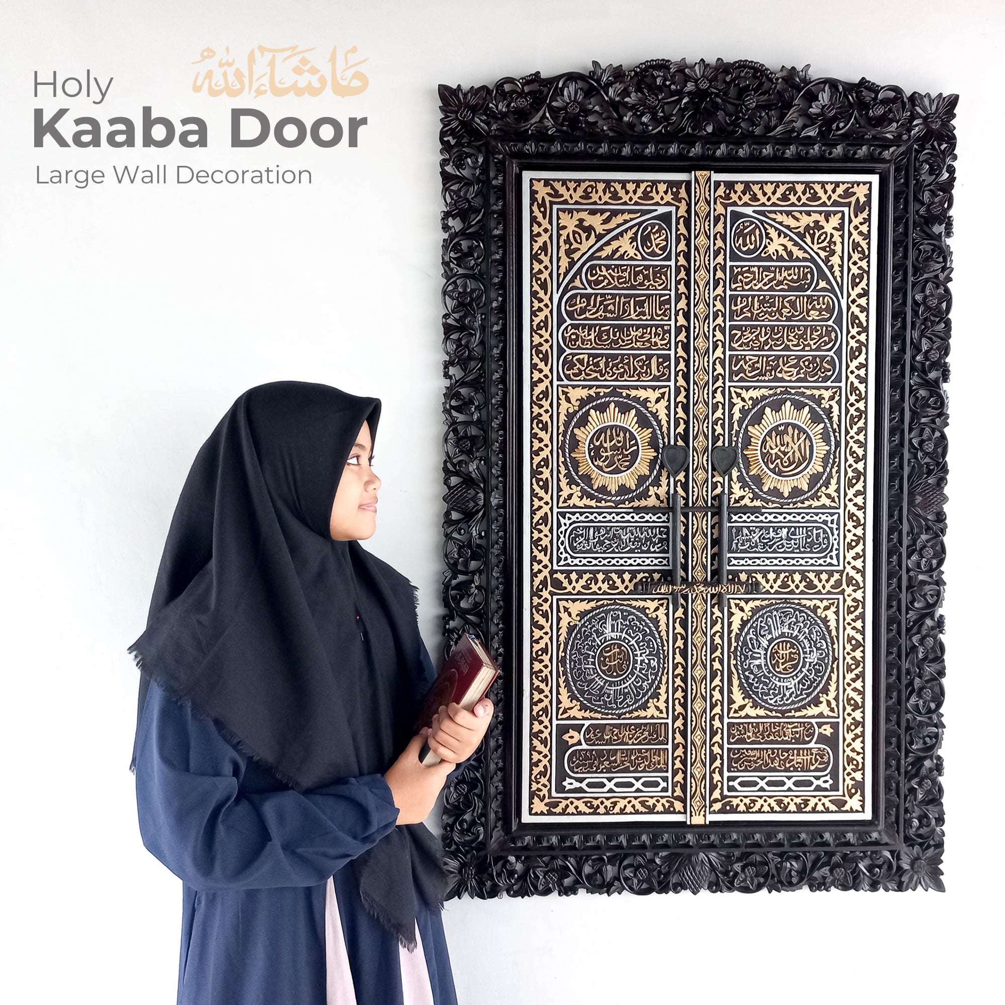 Hand Carved Teak Wood Decorative Wall Art Sculpture - Islamic Muslim Kaaba Allah Mecca Door Simply Awesome. This is a stunning Carved Wooden Wall Art handmade with some eye catching results. This hand carved masterpiece is simply stunning, with intricate detailed carved frame to carved gold painted calligraphy