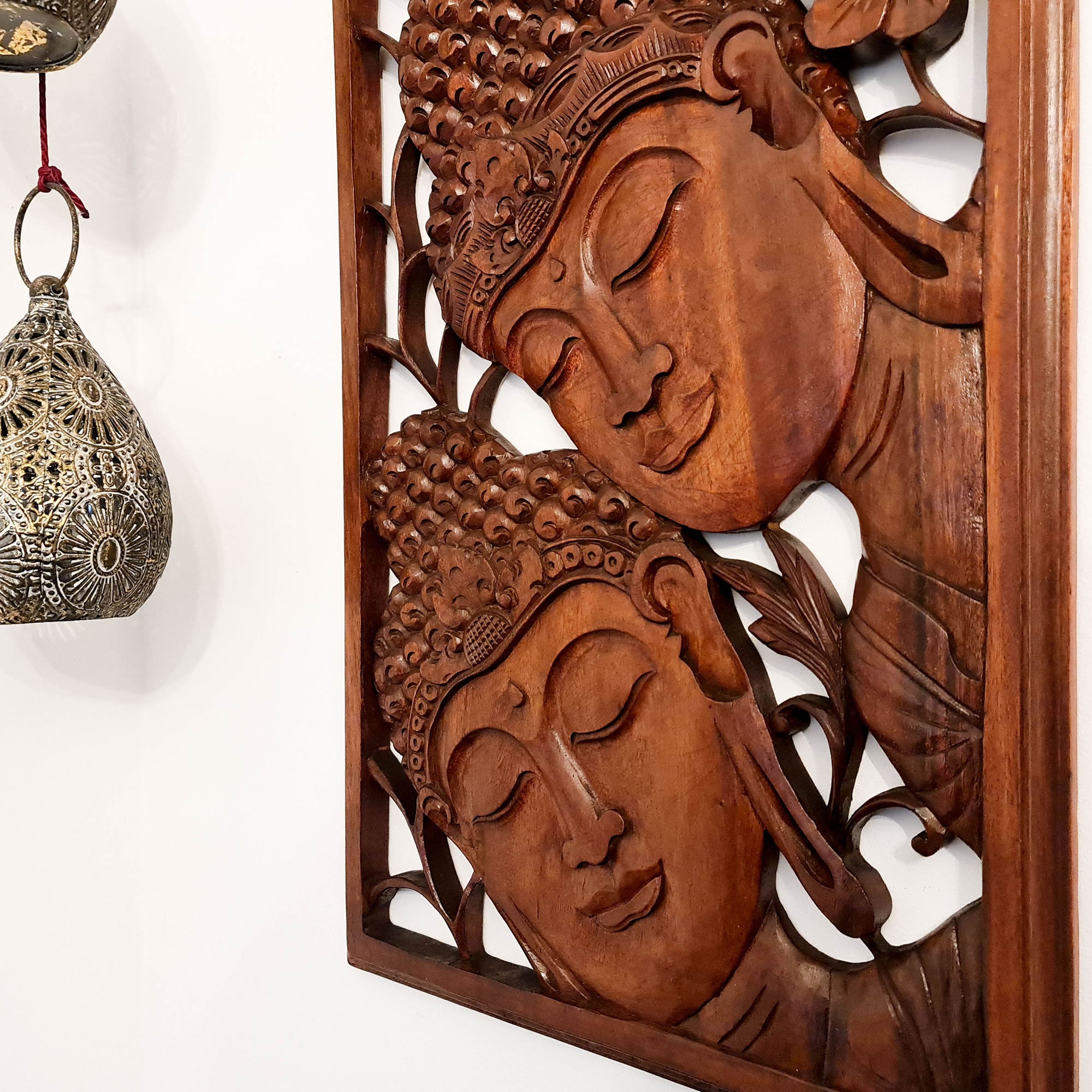 Three Buddha Peace Meditation Yoga Teak Wood Wall Art Long - Easternada