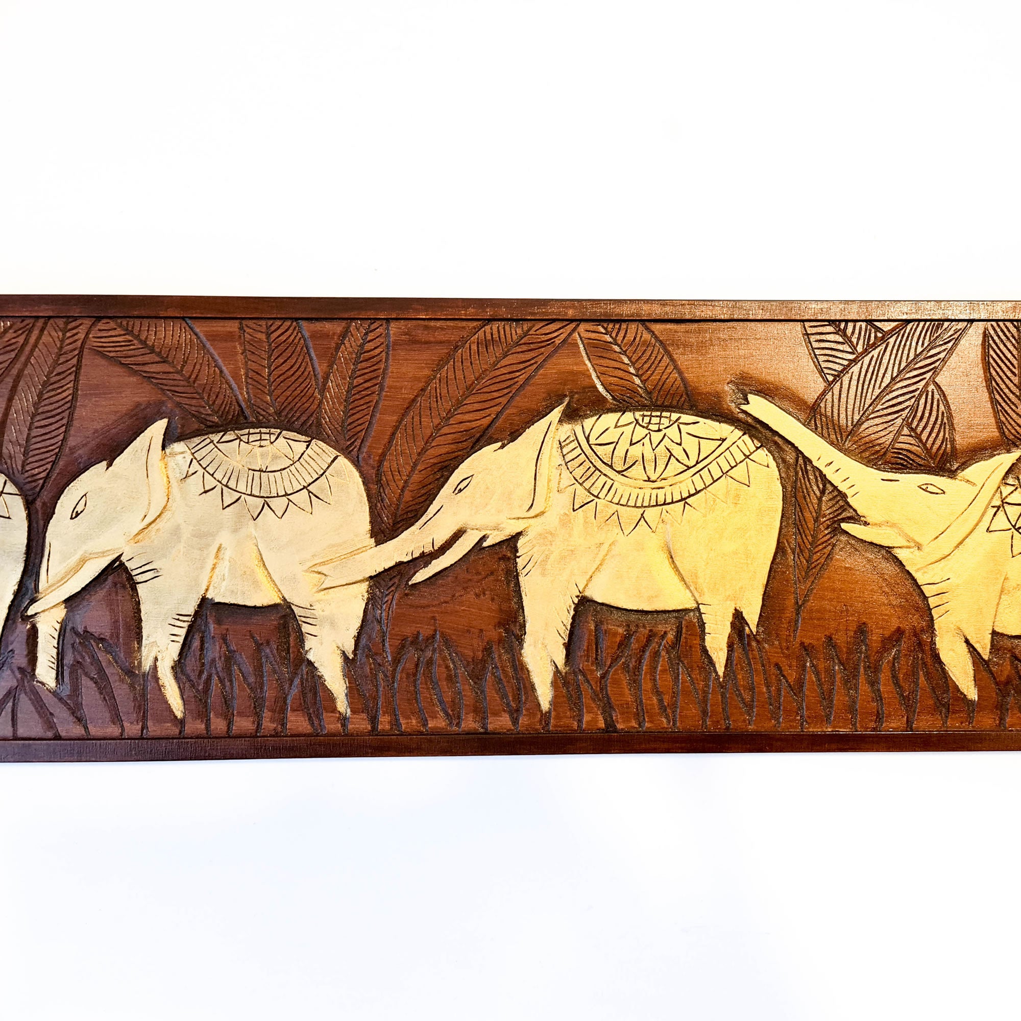 Golden African Jungle Elephants. Hand carved wooden wall art. A perfect headboard art