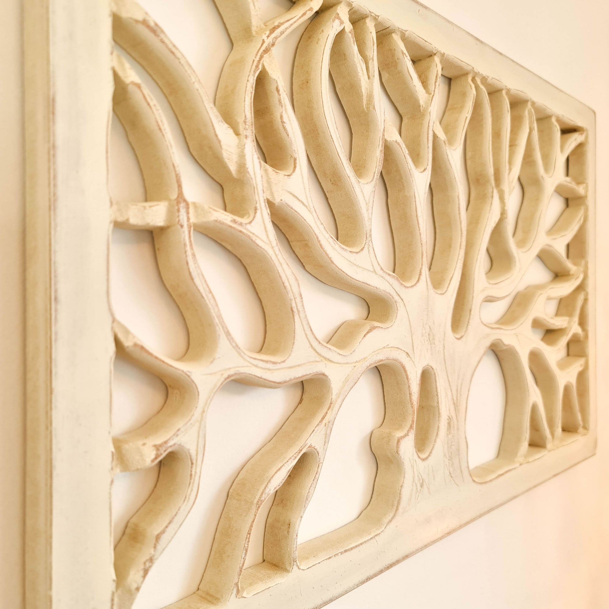 Hand Carved Shabby Chic Wooden Tree of Life Wall Art - Decorative Distressed White