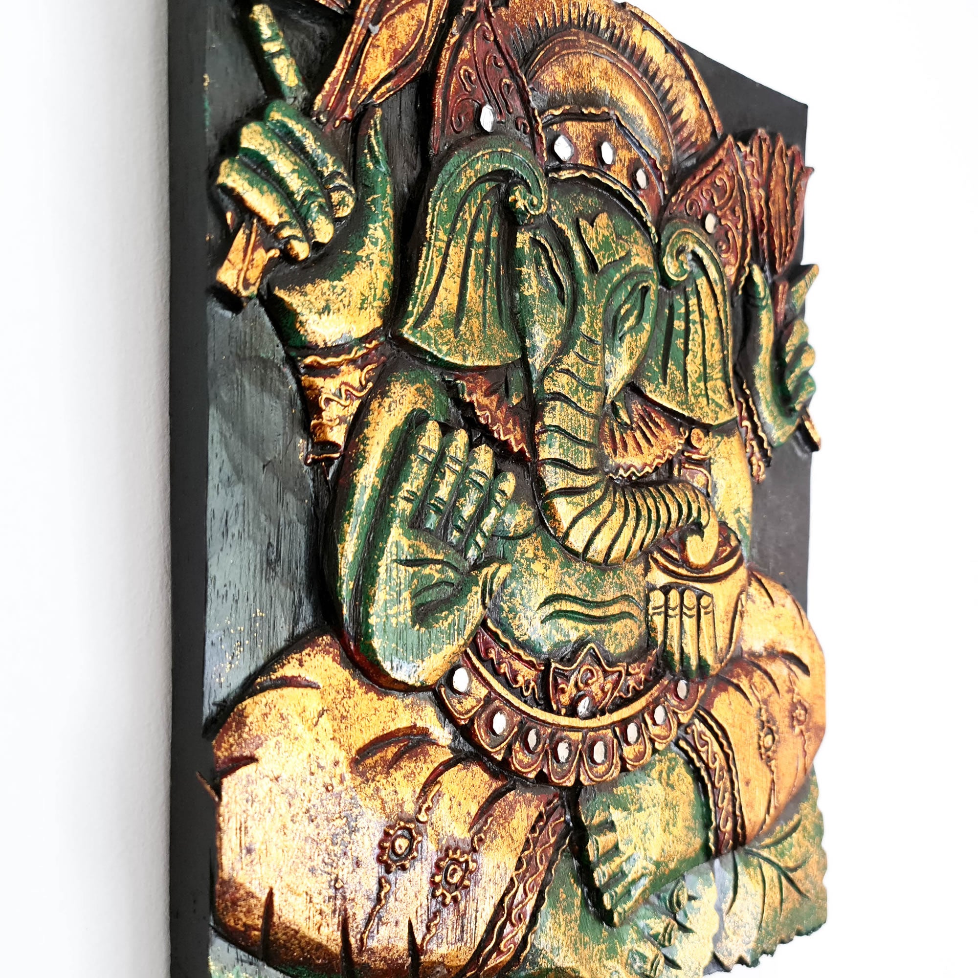 Hand Carved Painted Golden Ganesh Hindu God Mandir Wood Art Sculpture