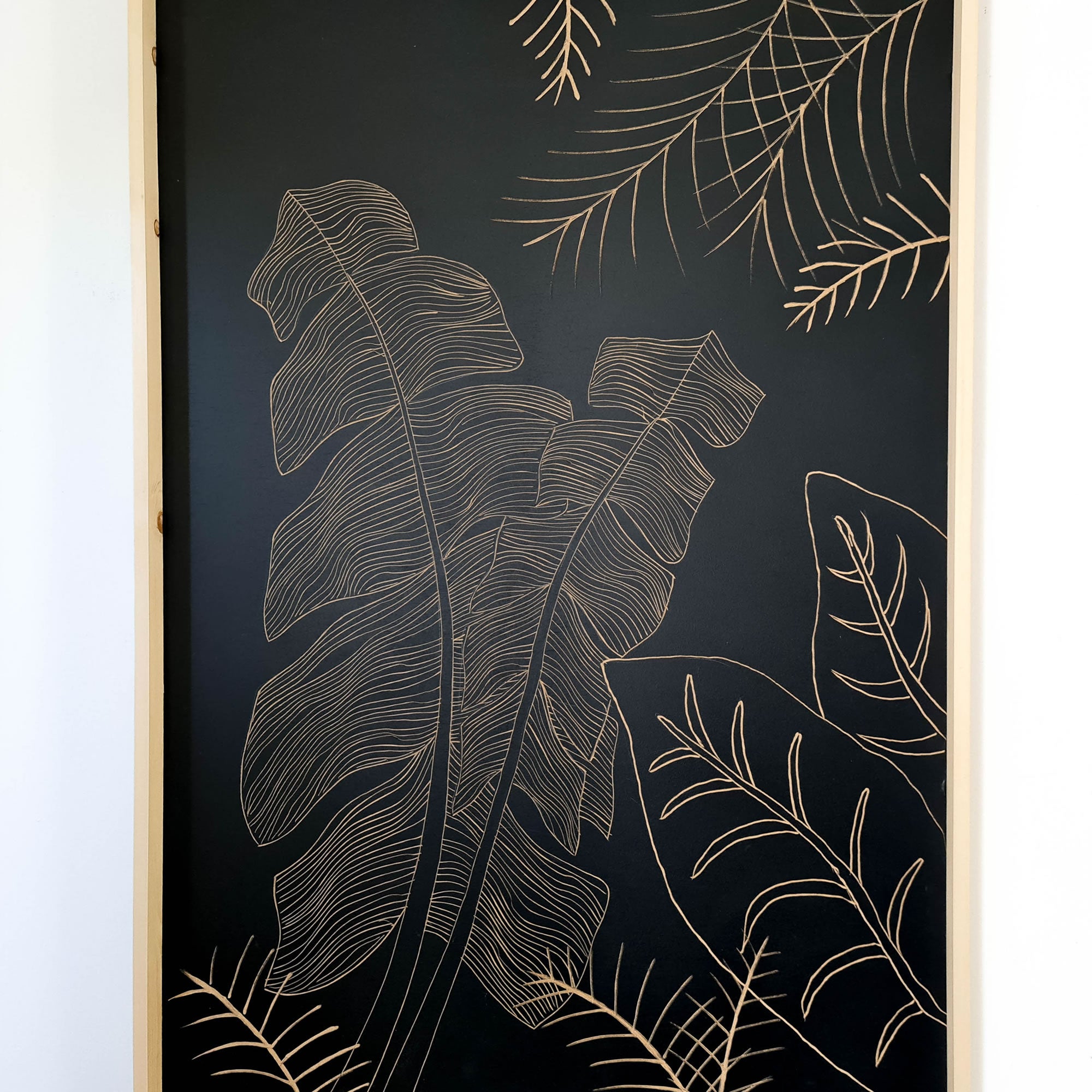 Art mural décoratif en bois sculpté à la main Feuilles sauvages Noir Grand