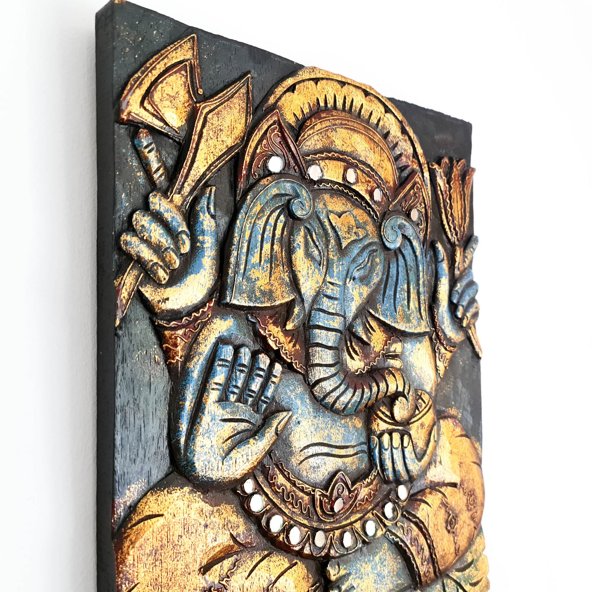 Hand Carved Painted Golden Ganesh Hindu God Mandir Wood Art Sculpture