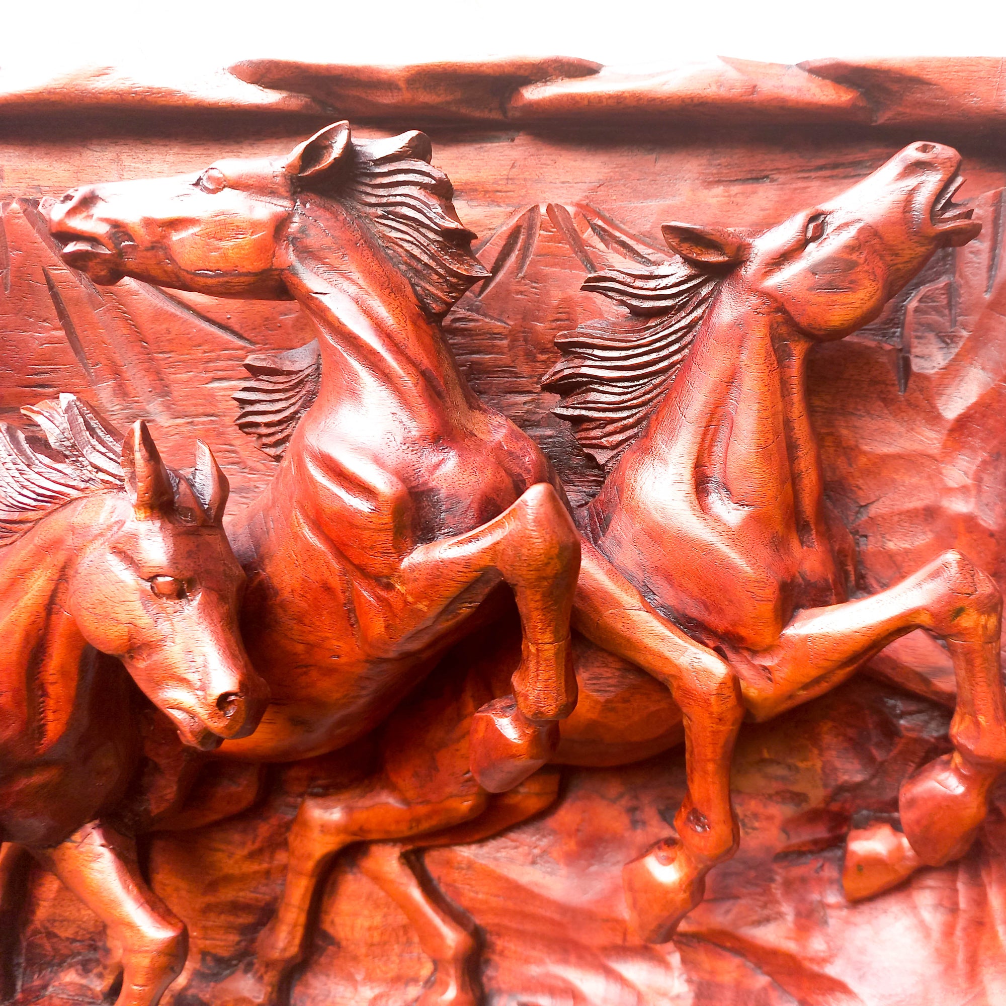 Hand Carved Teak Wood Wild Running Horses Decorative Sculpture Wall Art