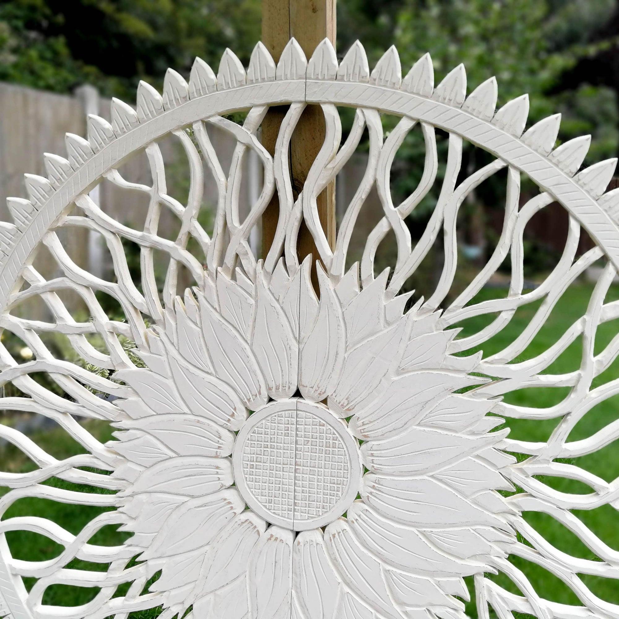 Carved Wooden Wall Art - Large Decorative Mandala Nature Eco Panel Headboard Sculpture 48" inches Round Distressed Shabby Chic White