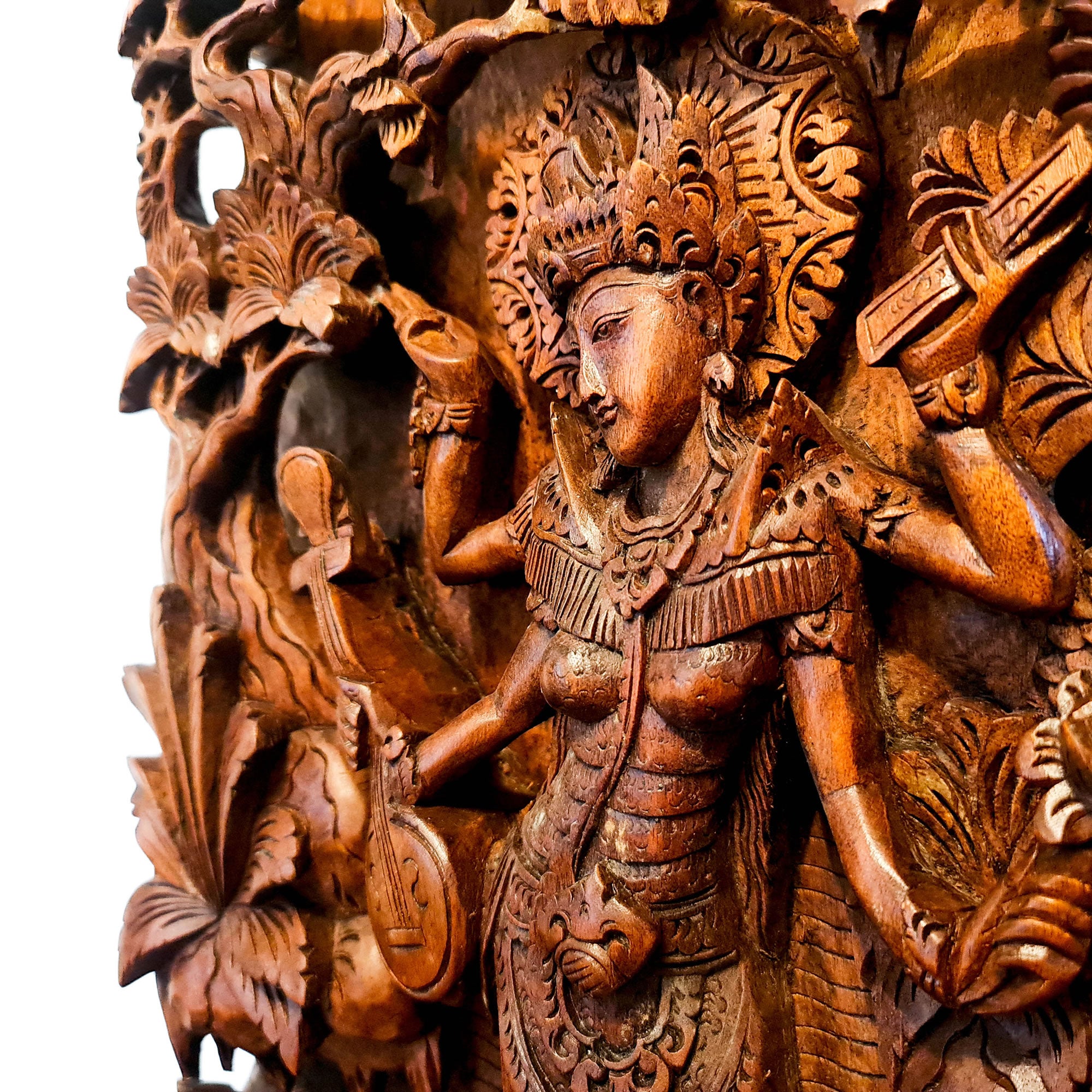 Goddess Saraswati Carved Wooden Decorative Hindu Mandir Sculpture Art - Easternada