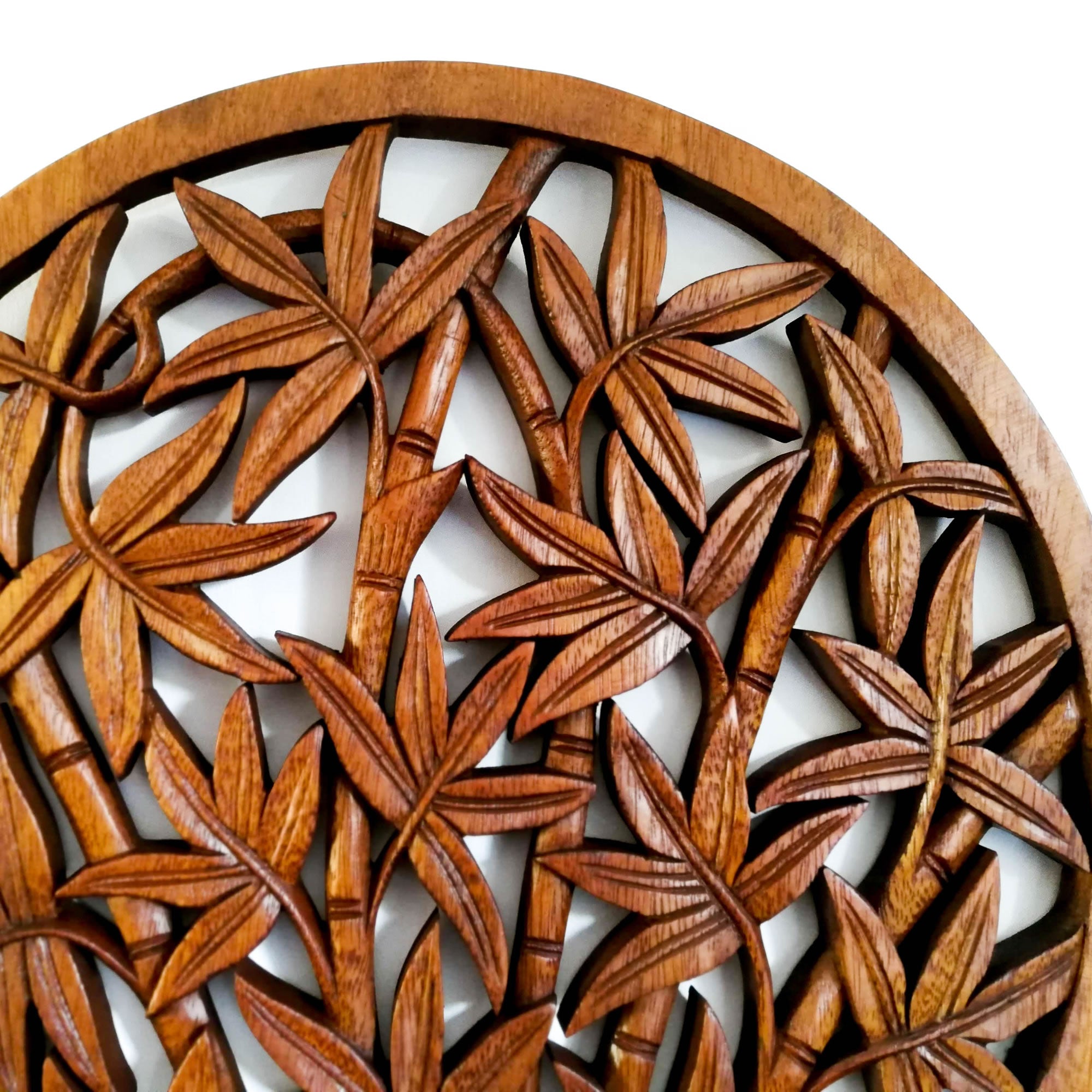 Hand Carved Wooden Decorative Wall Art Round - Bamboo Shoots. A perfect gift this season. Handmade using teak wood.