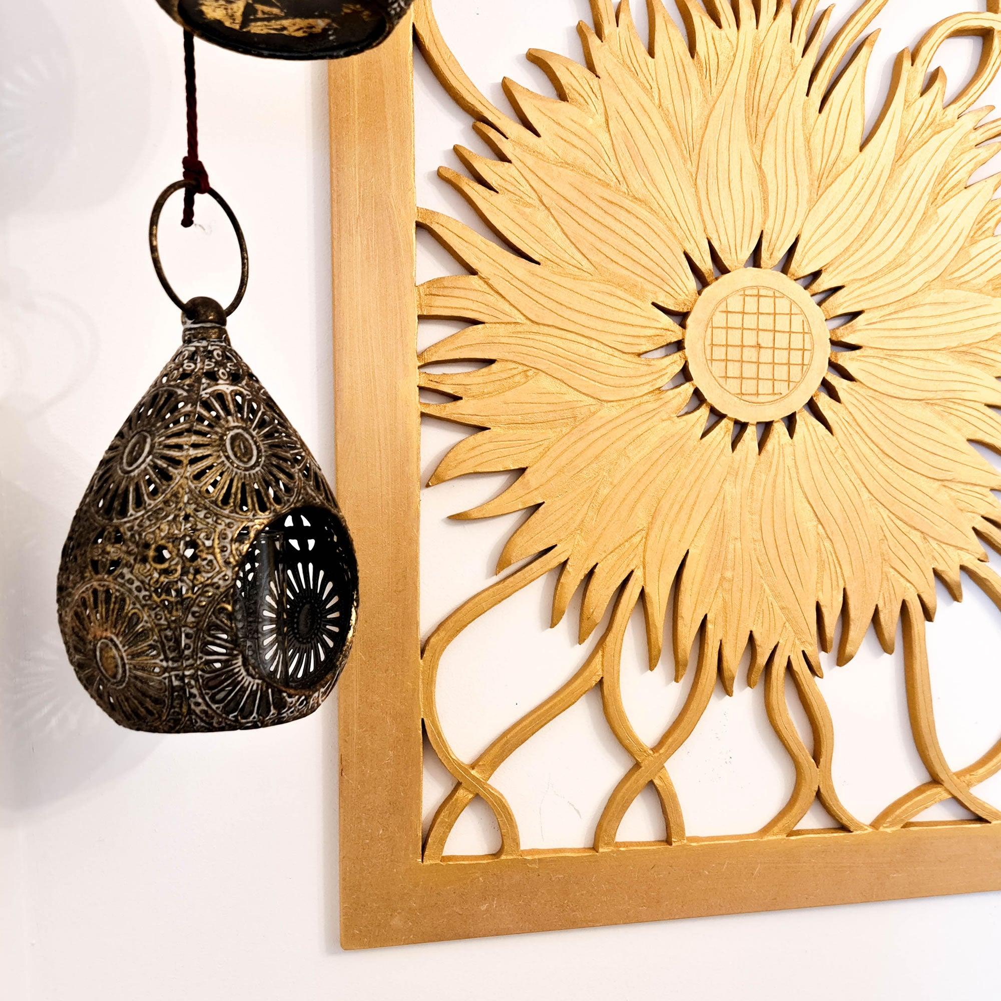 Art Deco Golden Sunflower - Handmade Carved Wooden Wall Art Headboard