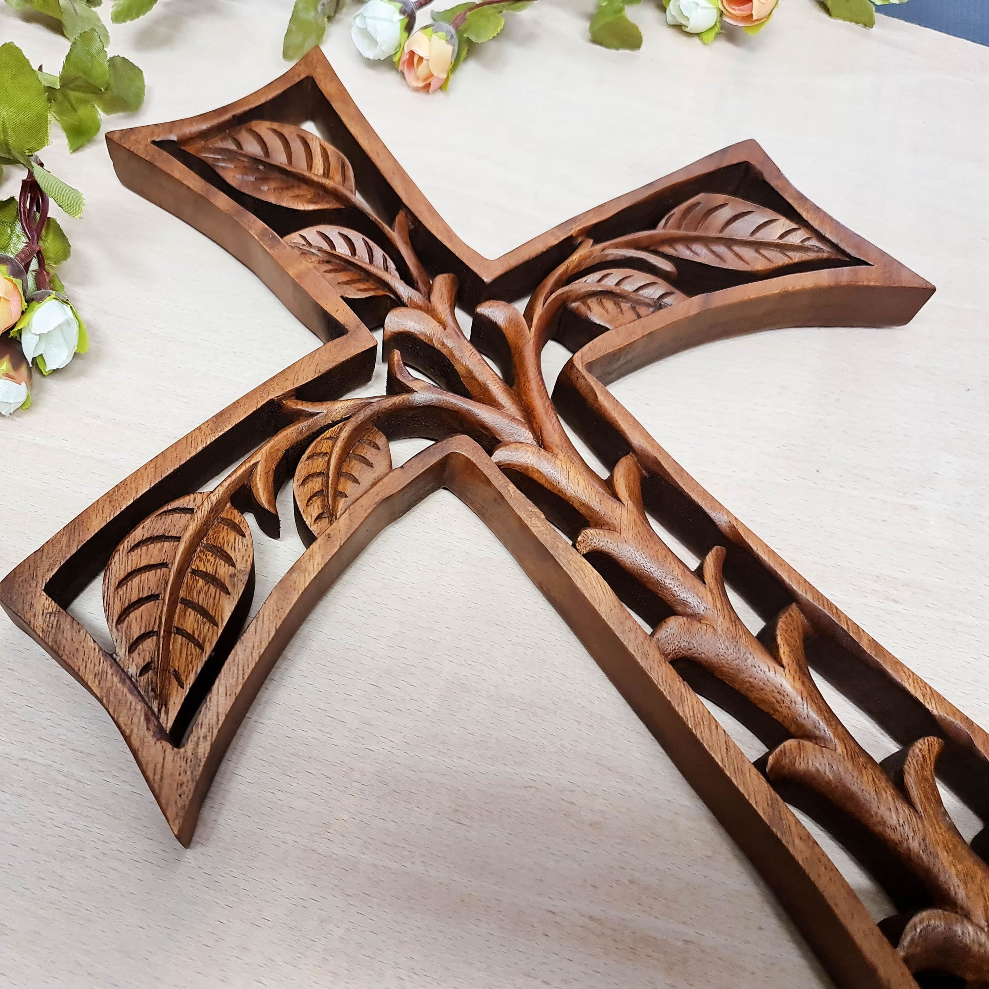 Christian Prayer Cross Tree of Life Carved Wooden Decorative Panel Sculpture Art