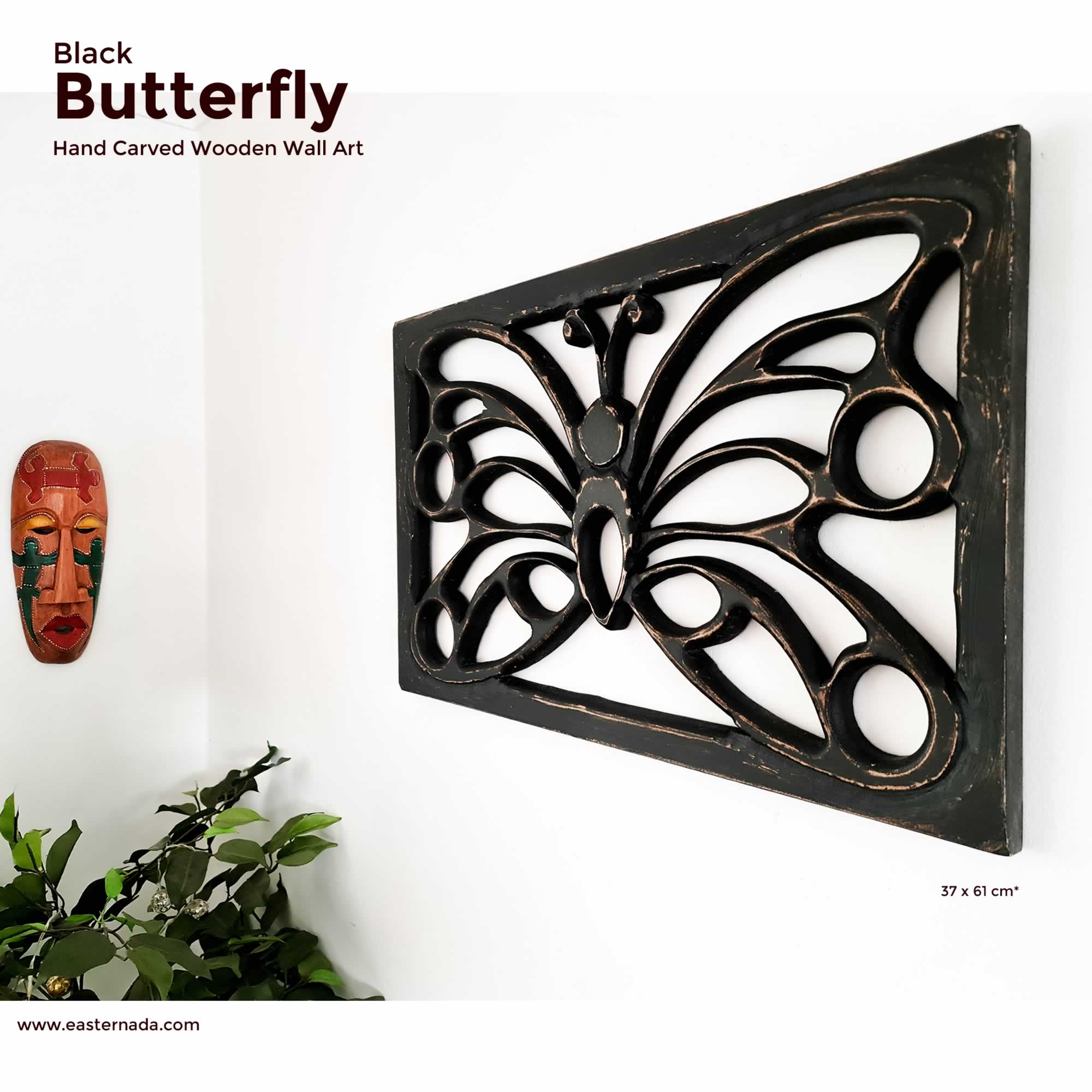 Antique Black Butterfly - Handmade Distressed Carved Wooden Wall Art Deco