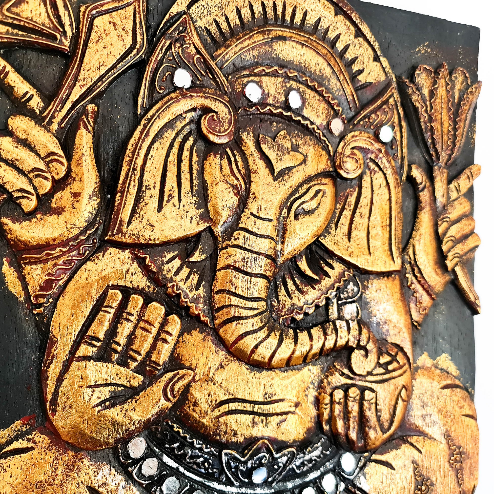 Hand Carved Painted Golden Ganesh Hindu God Mandir Wood Art Sculpture