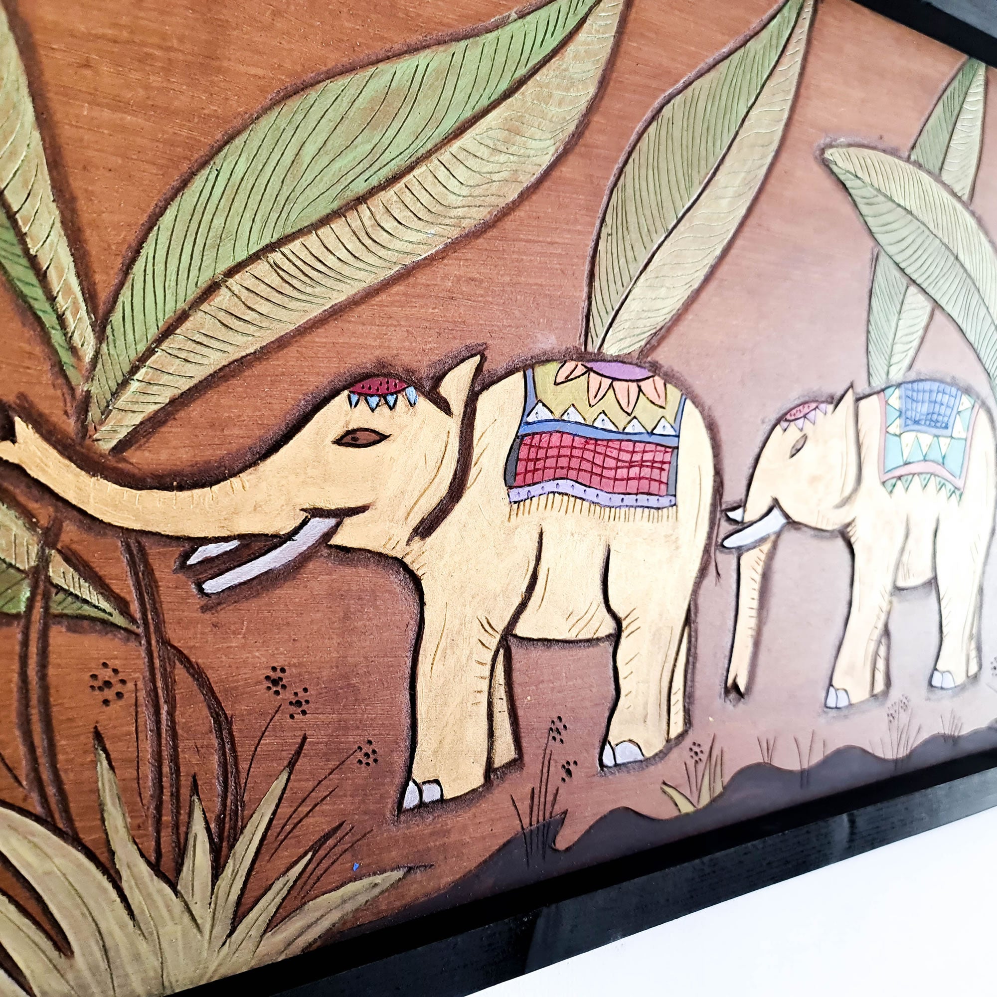 Golden Jungle African Elephants - Hand Carved Wooden Wall Art
