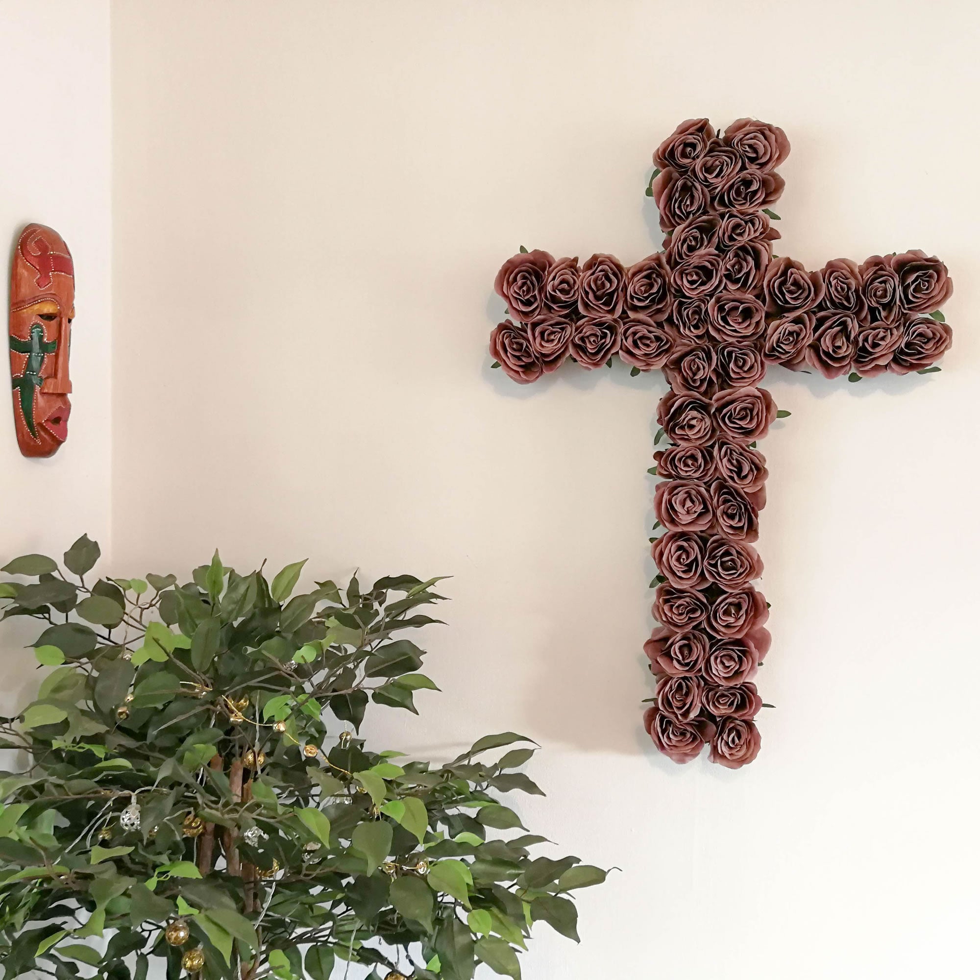 Decorative Christian Cross Wall Hanging - Jesus Religious Bohemian Style Silk Rose Flowers Church Cross