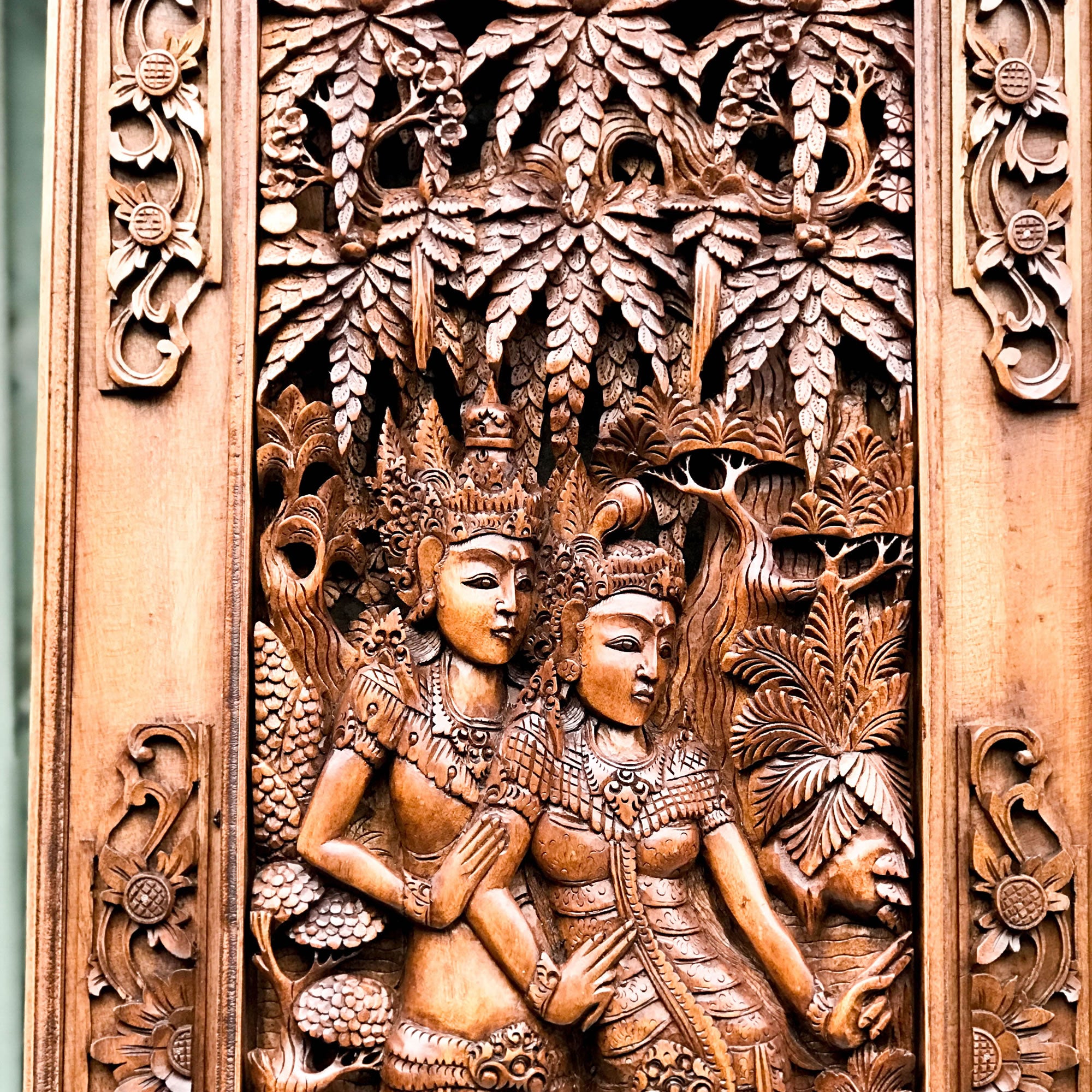 This stunning teakwood hand carved is very desirable. Ram Sita Hindu Mandir Temple Vintage Sculpture.