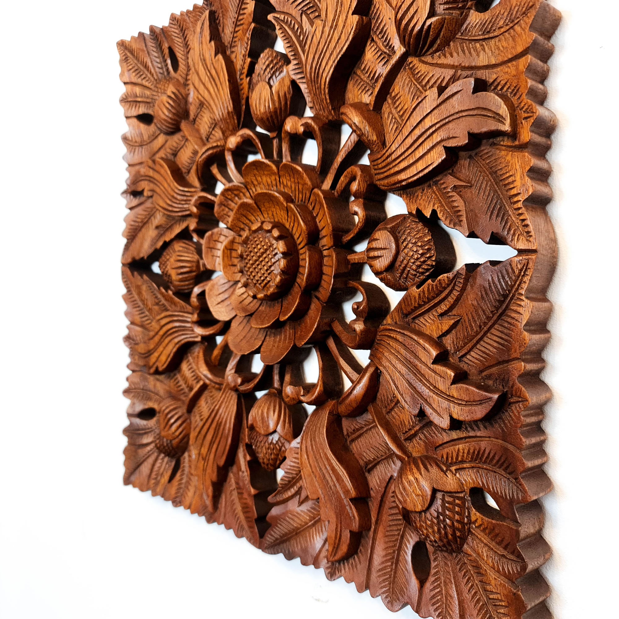 Wild Lotus Flower Carved Wooden Hand Carved Decorative Panel Sculpture Nature Garden plants -Easternada