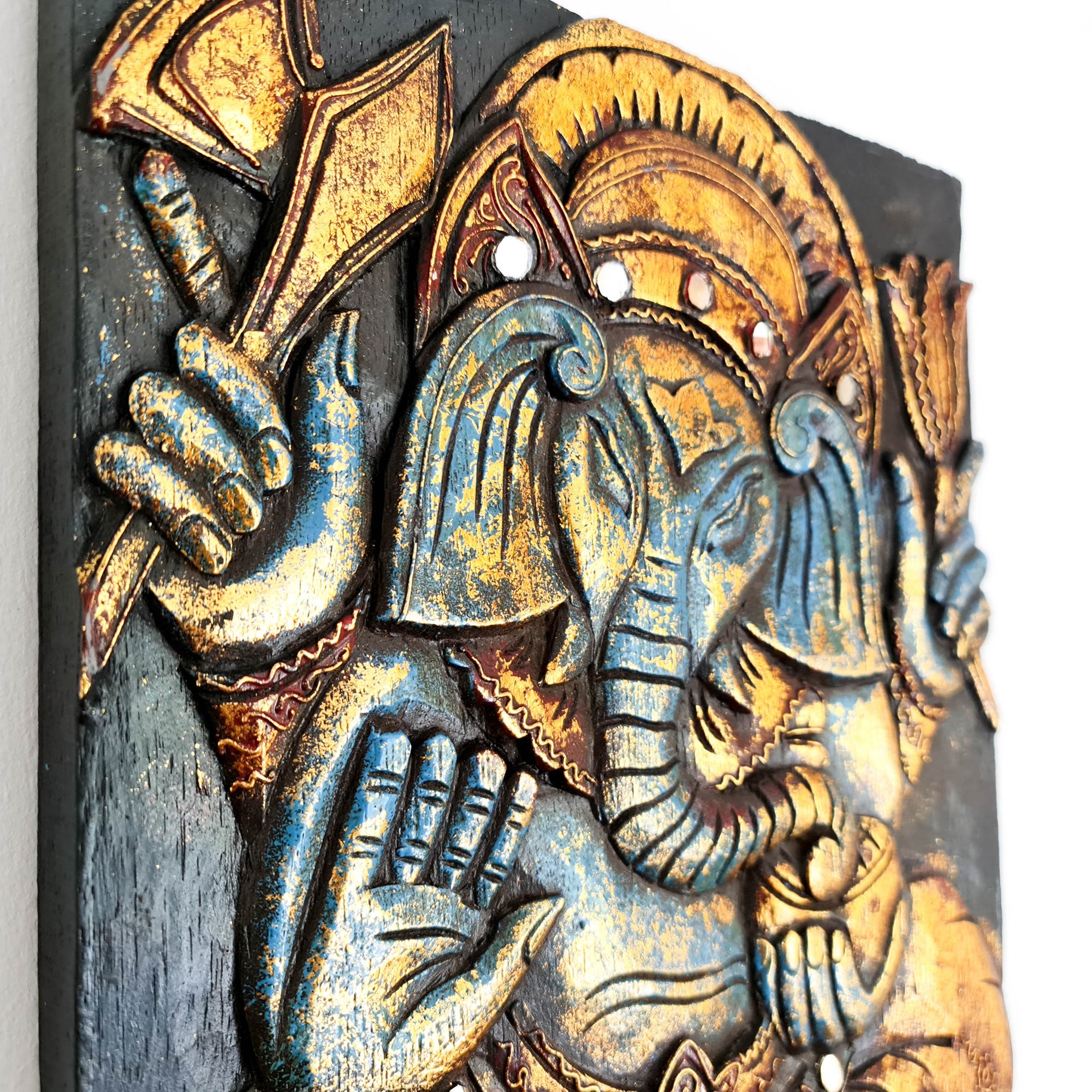 Hand Carved Painted Golden Ganesh Hindu God Mandir Wood Art Sculpture