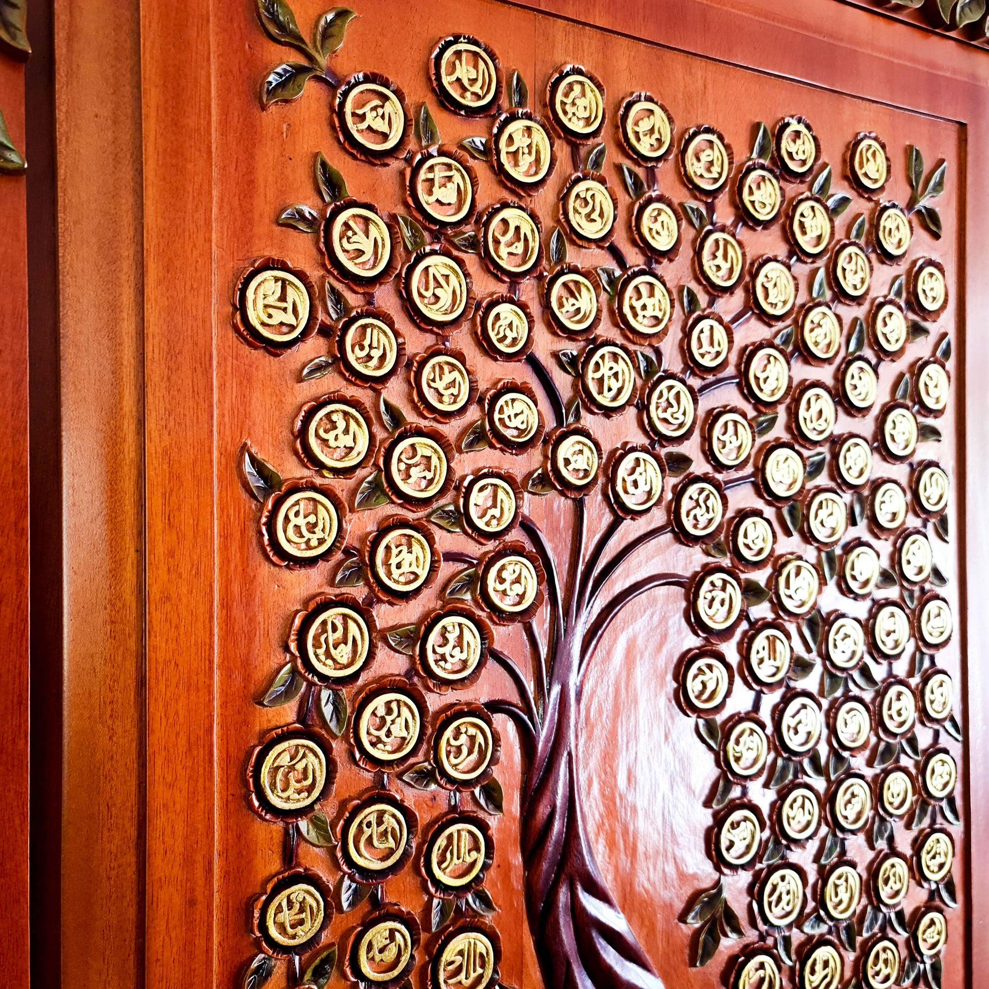 Close-up side profile of 3D teakwood Tree of Life carving; showing the high-relief depth and intricate hand-painted 99 Names of Allah calligraphy.