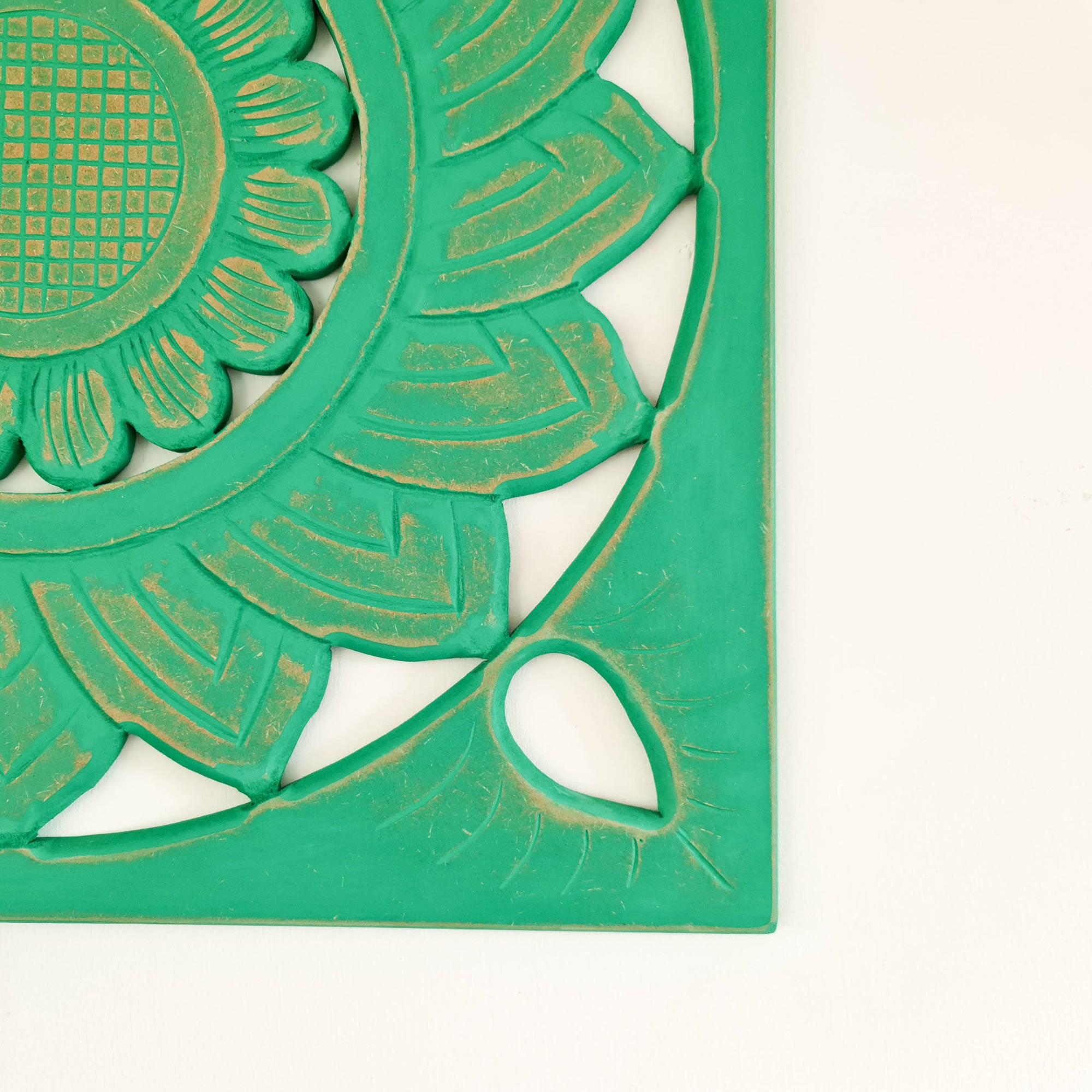 Hand Carved Wooden Wall Art - Square Decorative Mandala Turquoise