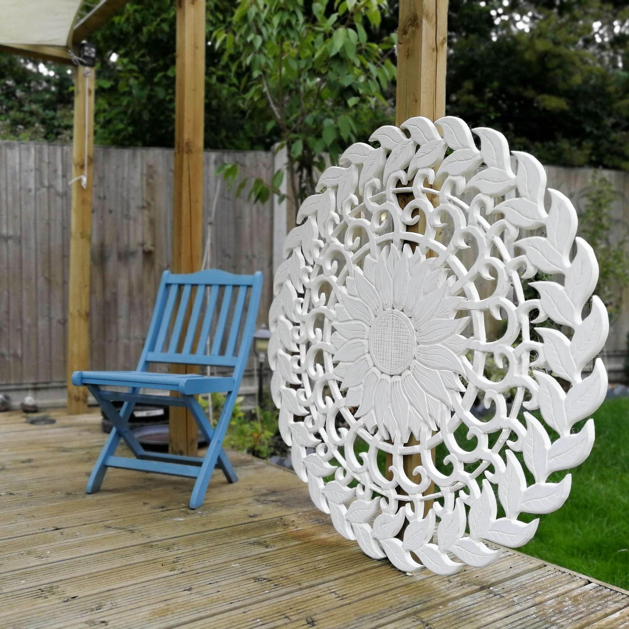Carved Wooden Wall Art - Large Decorative Mandala Nature Eco Panel Headboard Sculpture 48" inches Round Distressed Shabby Chic White