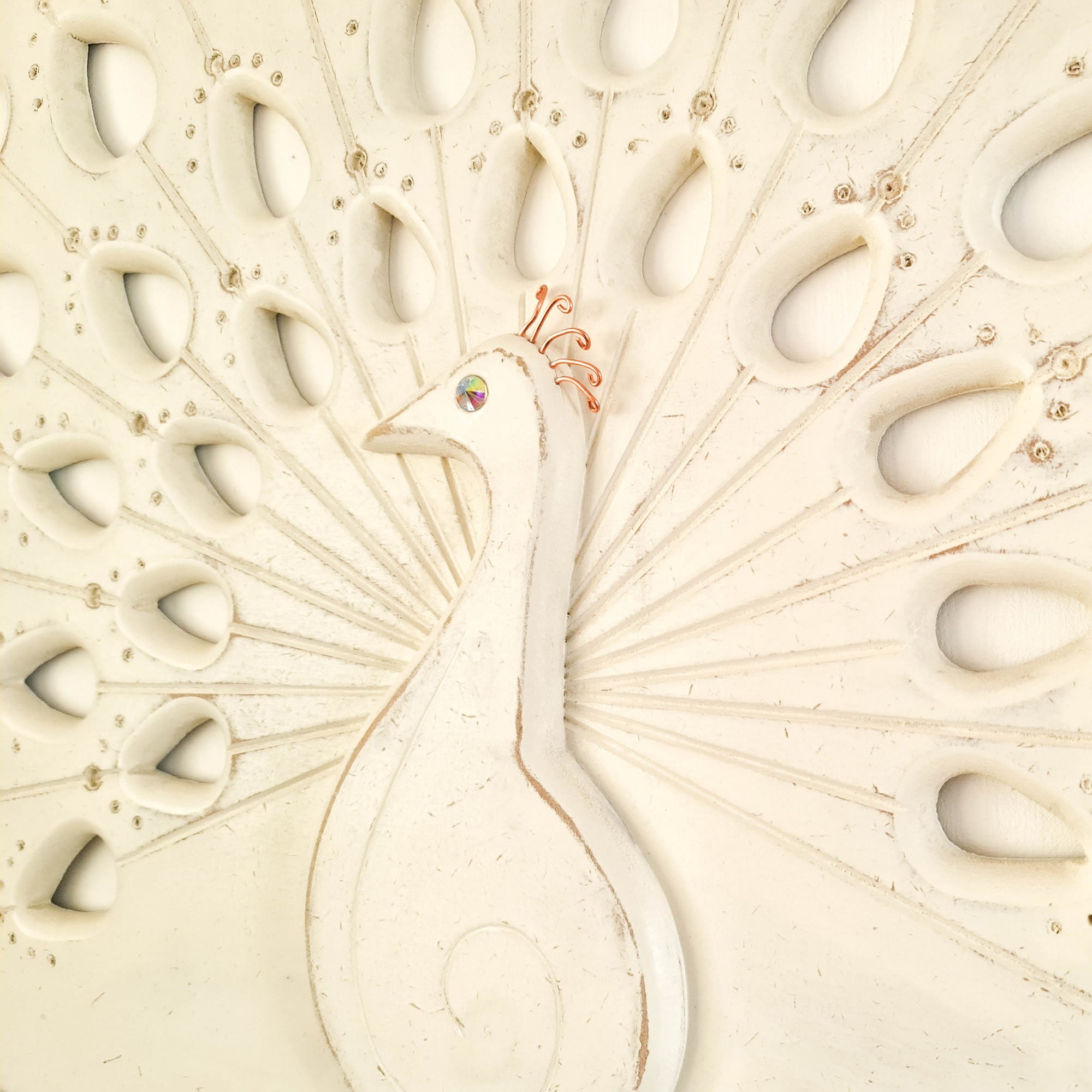 Peacock Hand Carved Wooden Decorative Sculpture Wall Art Distressed White Headboard Shabby Chic