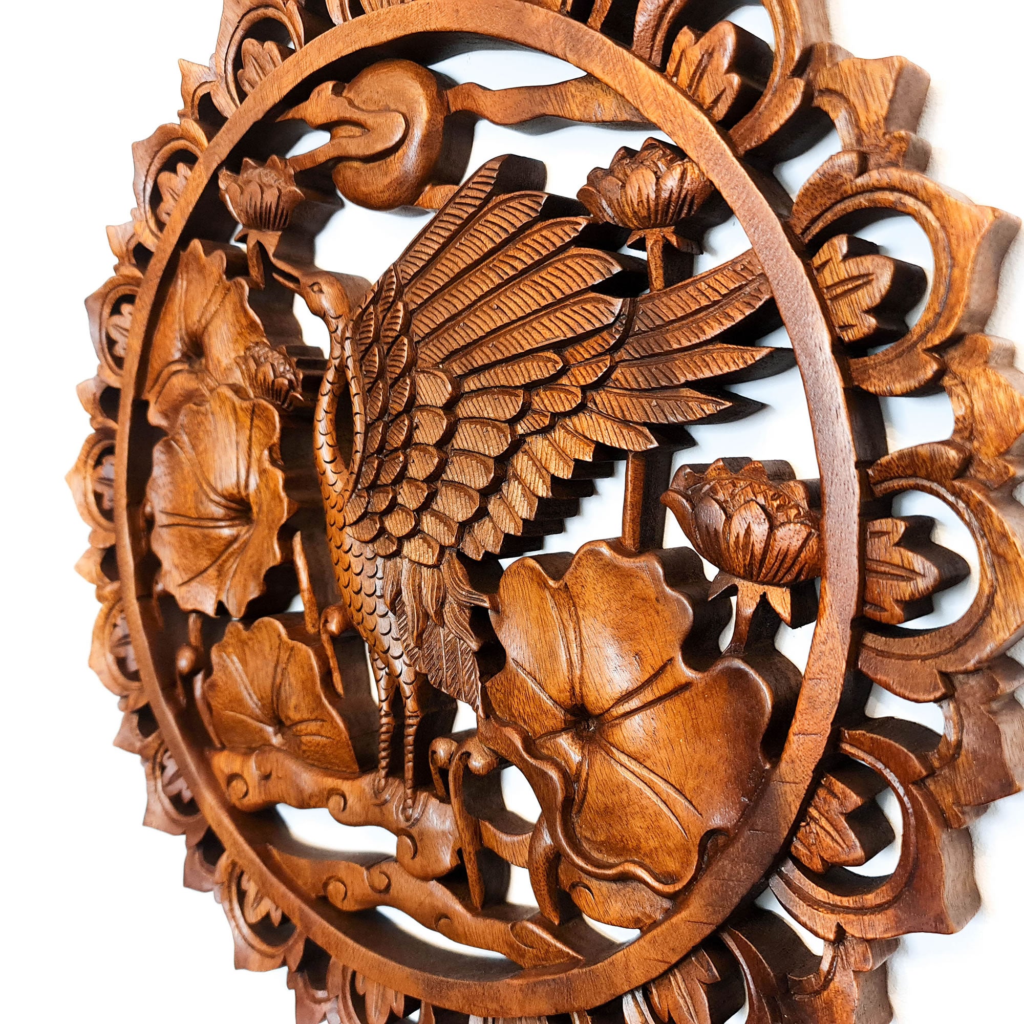 Dancing Crane Bird Carved Wooden Hand Carved Decorative Panel Sculpture Nature - Easternada