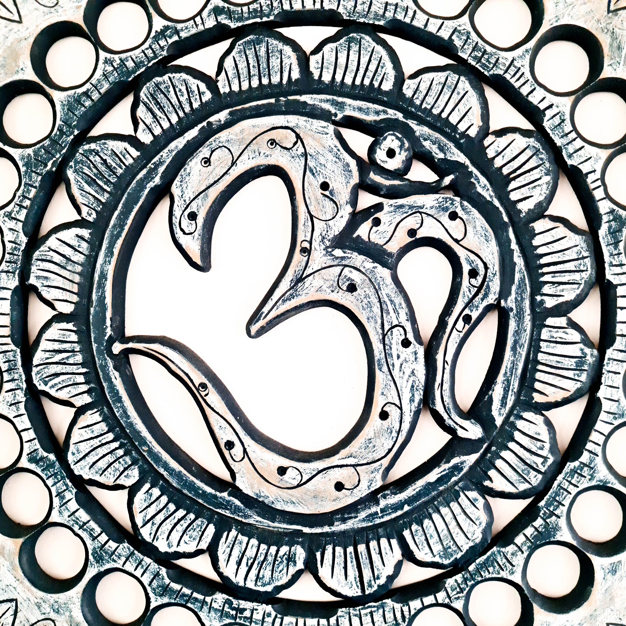 Handmade Carved Wooden Decorative Wall Art Hanging Buddha OM Mantra Distressed Rustic Indigo Blue