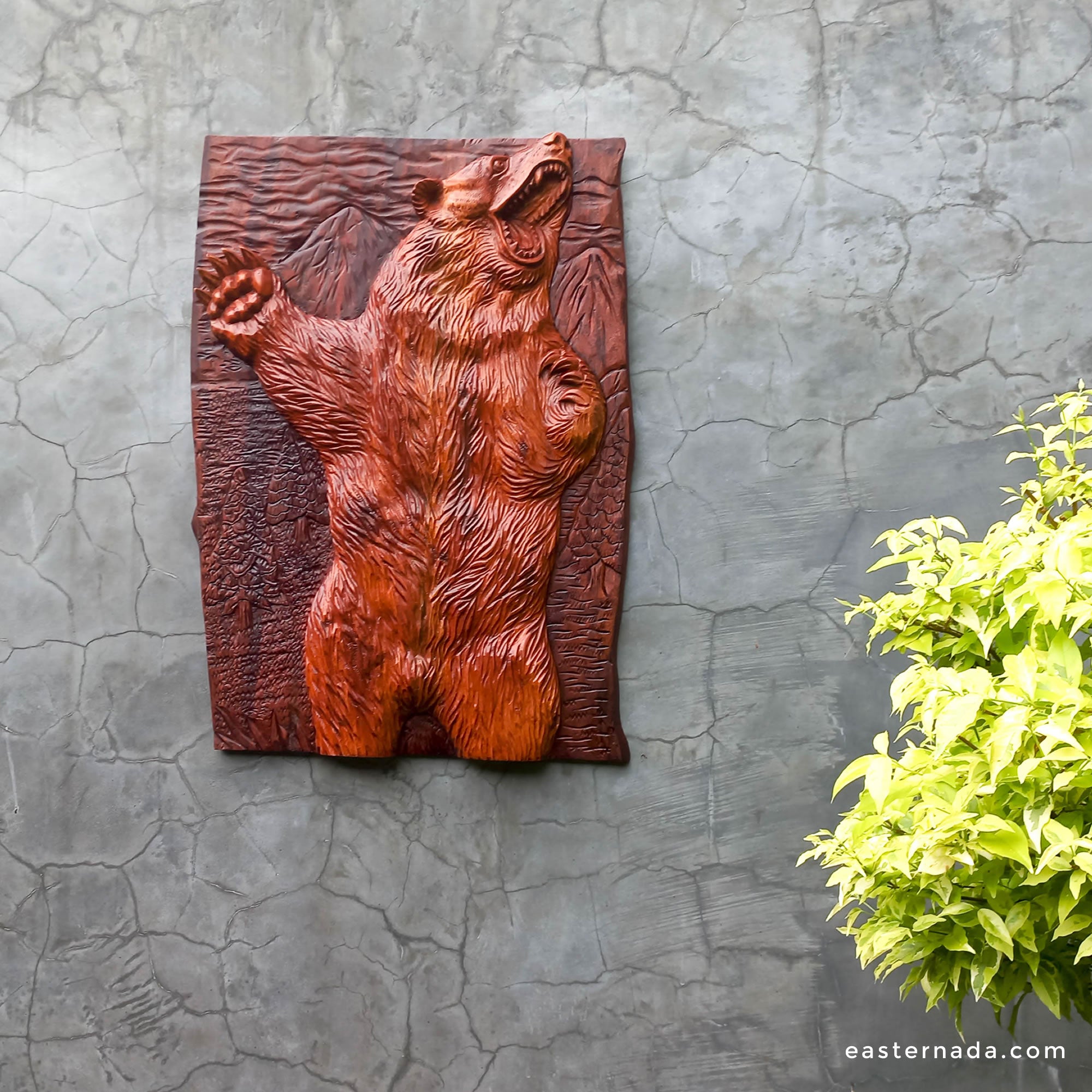 Hand Carved Grizzly Bear Decorative Teakwood Sculpture Wall Art