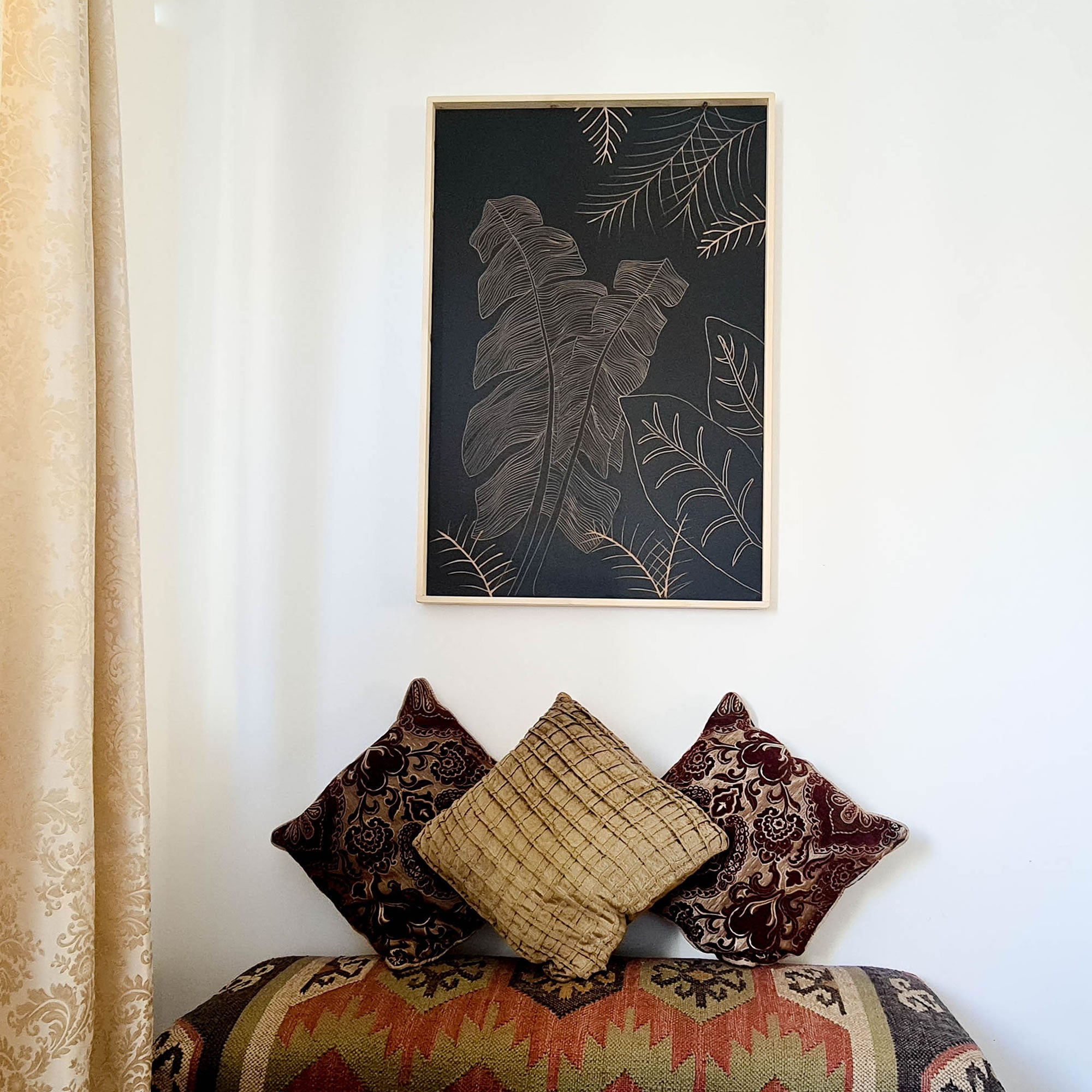 Art mural décoratif en bois sculpté à la main Feuilles sauvages Noir Grand