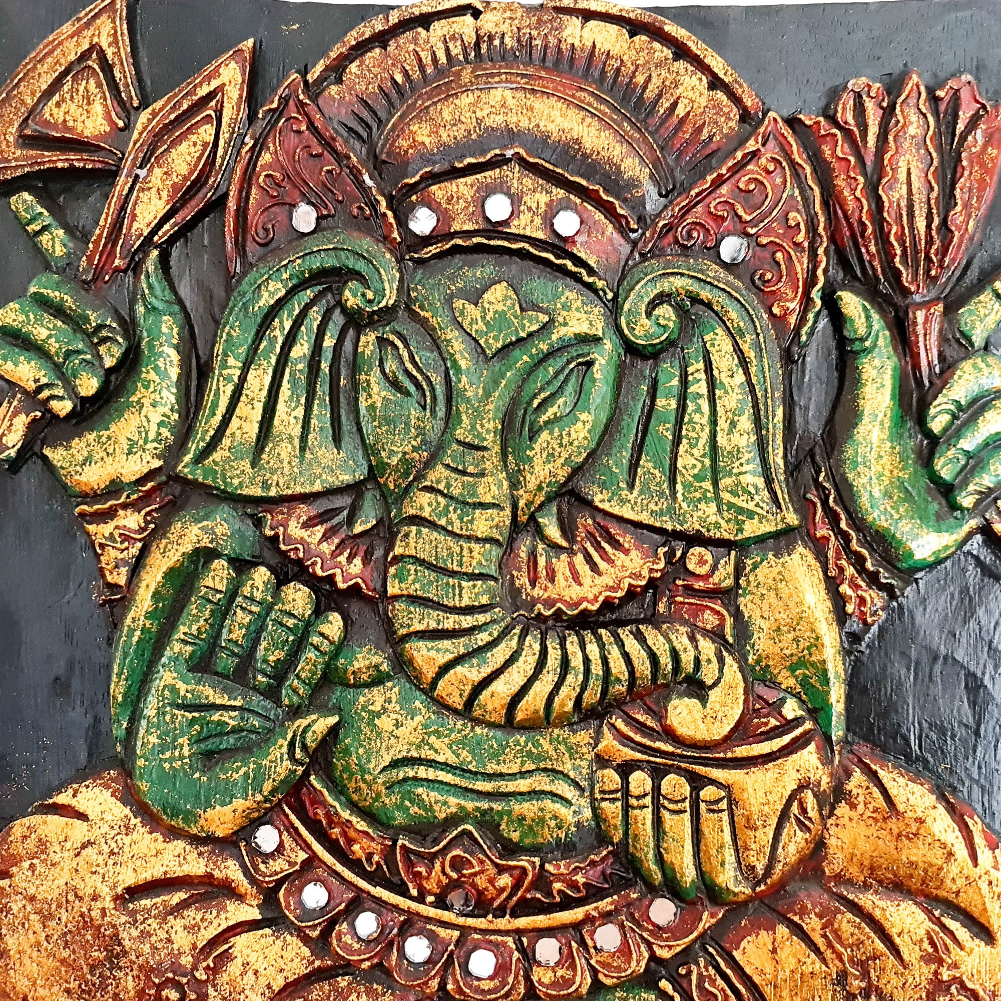 Hand Carved Painted Golden Ganesh Hindu God Mandir Wood Art Sculpture