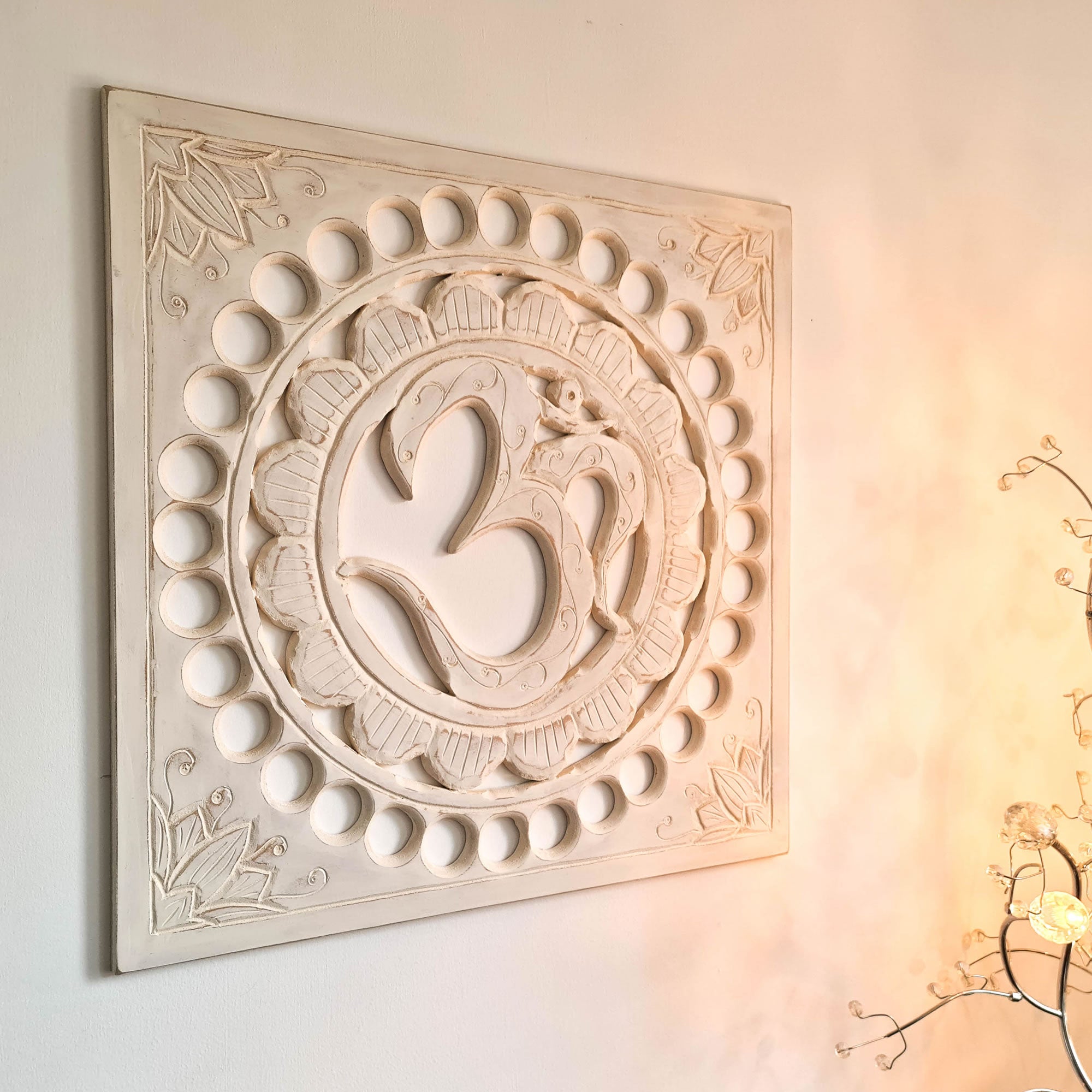 Handmade Carved Wooden Decorative Wall Art OM Mantra Distressed White