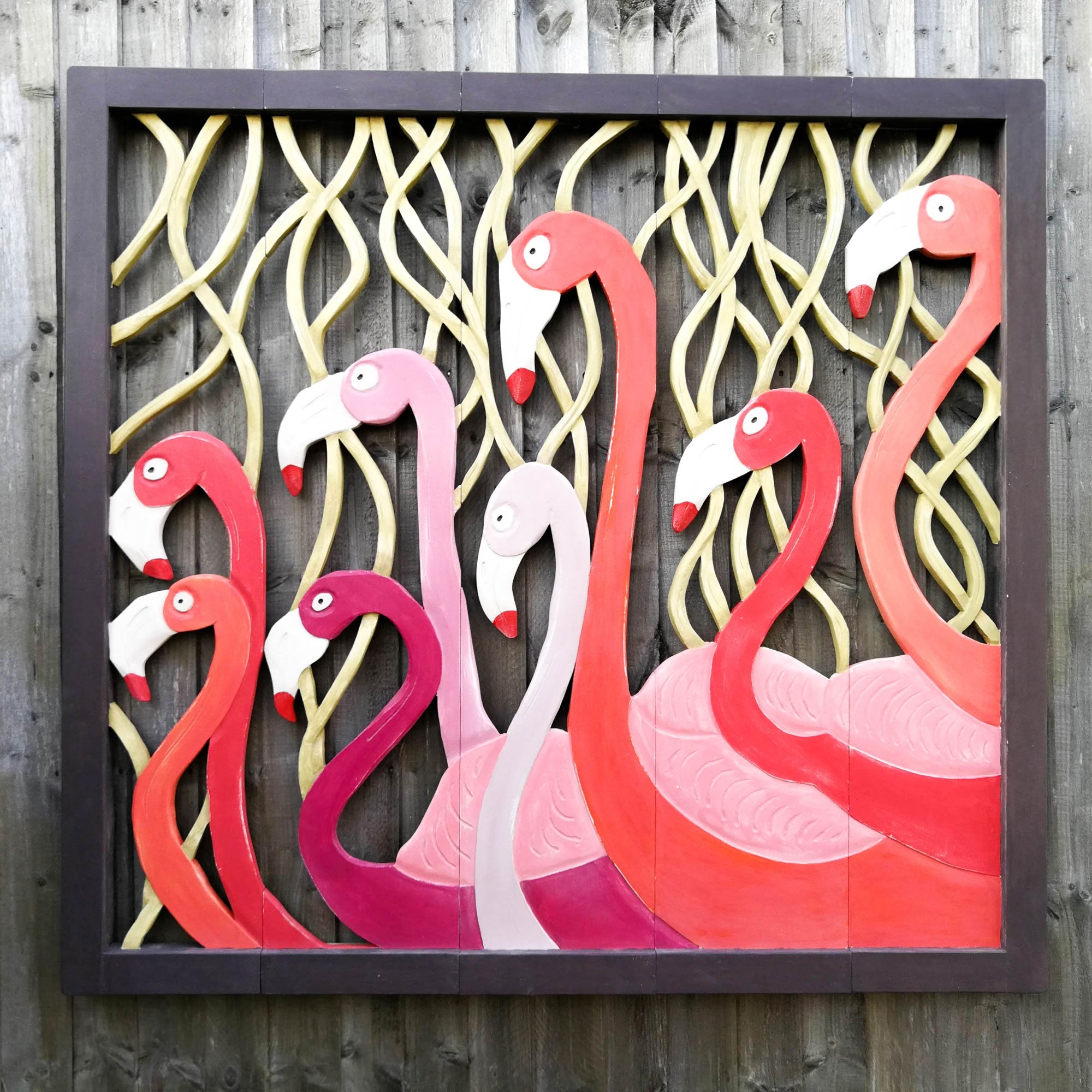 Carved Painted Wooden Wall Art - Large Headboard Decorative Flamingos