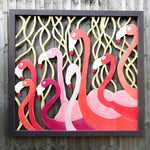 Carved Painted Wooden Wall Art - Large Headboard Decorative Flamingos