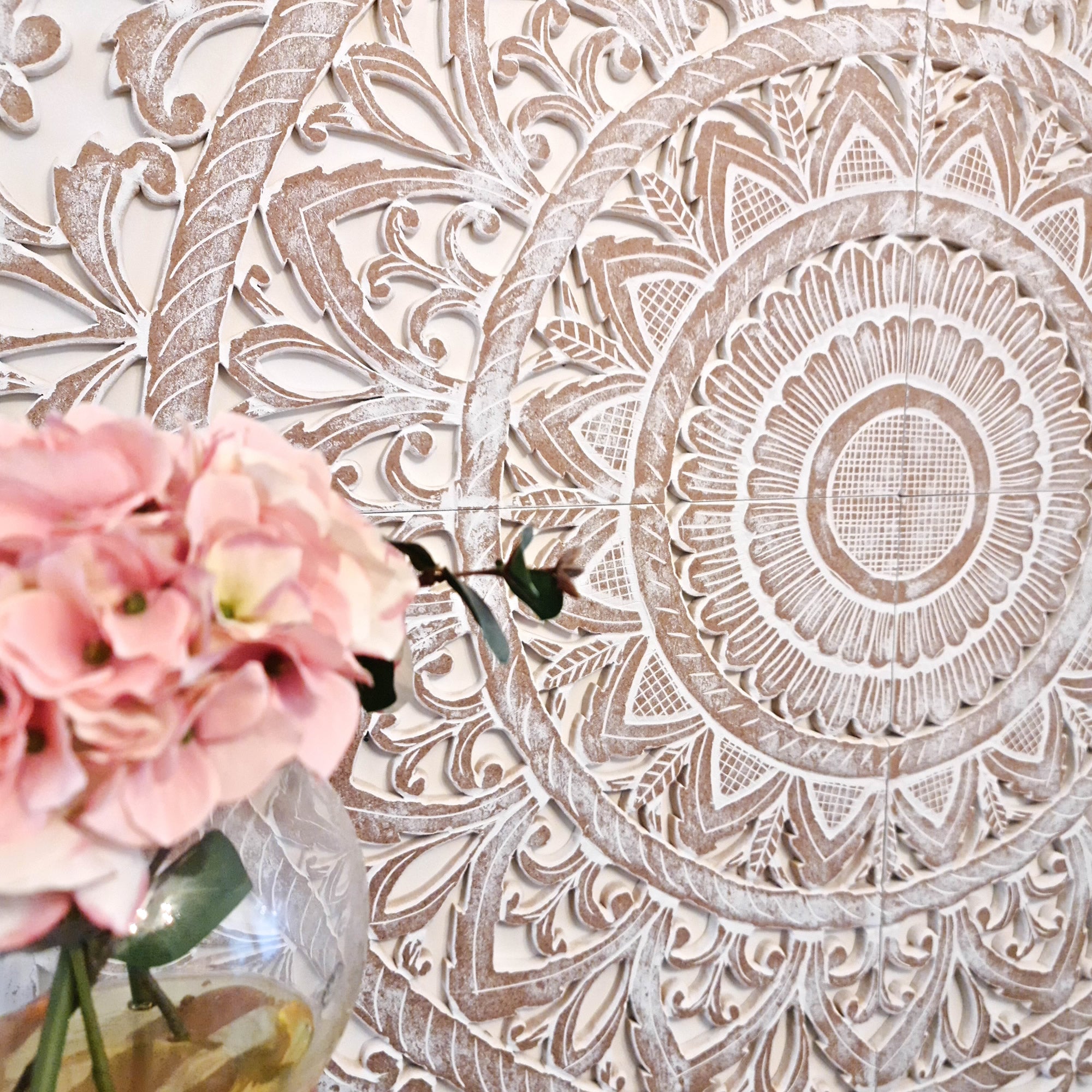 Hand Carved Wooden Wall Art - Headboard Decorative Large King Mandala Distressed White Bohemian Boho Style Shabby Chic. We can also custom carve to your specifications.