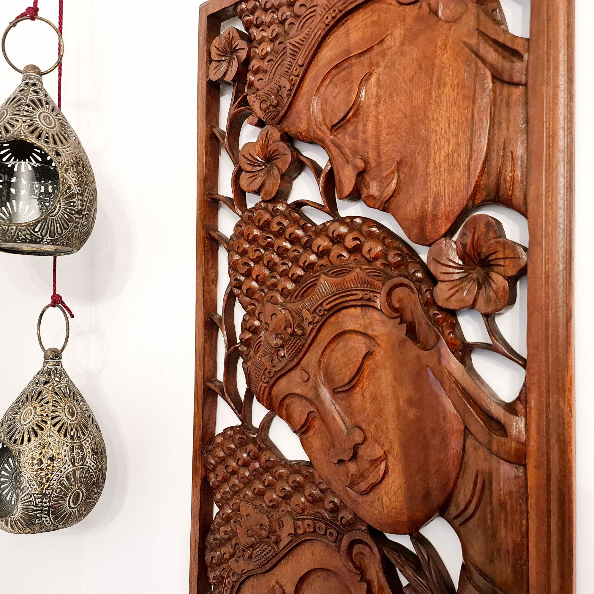 Three Buddha Peace Meditation Yoga Teak Wood Wall Art Long - Easternada