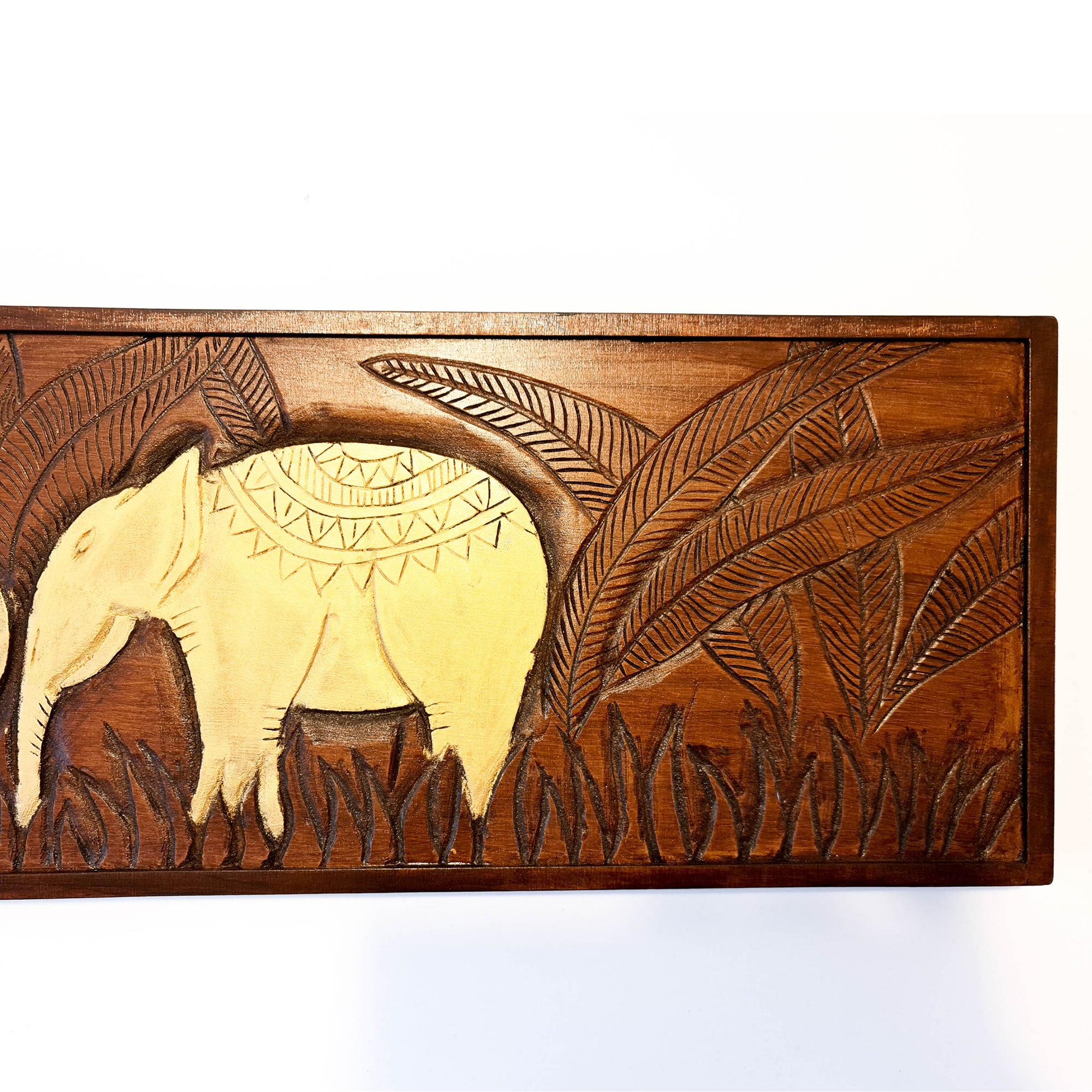 Golden African Jungle Elephants. Hand carved wooden wall art. A perfect headboard art